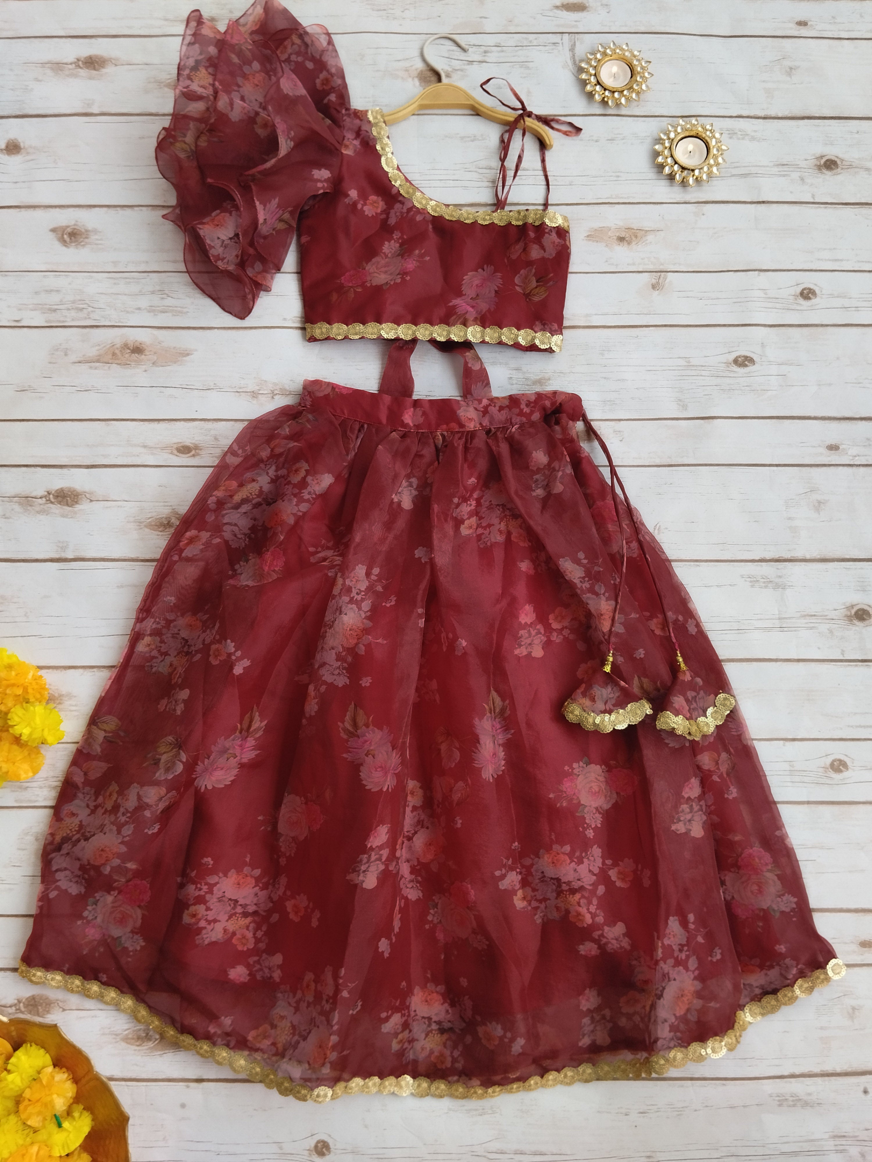 Wine Floral Print Organza Kid's Lehenga