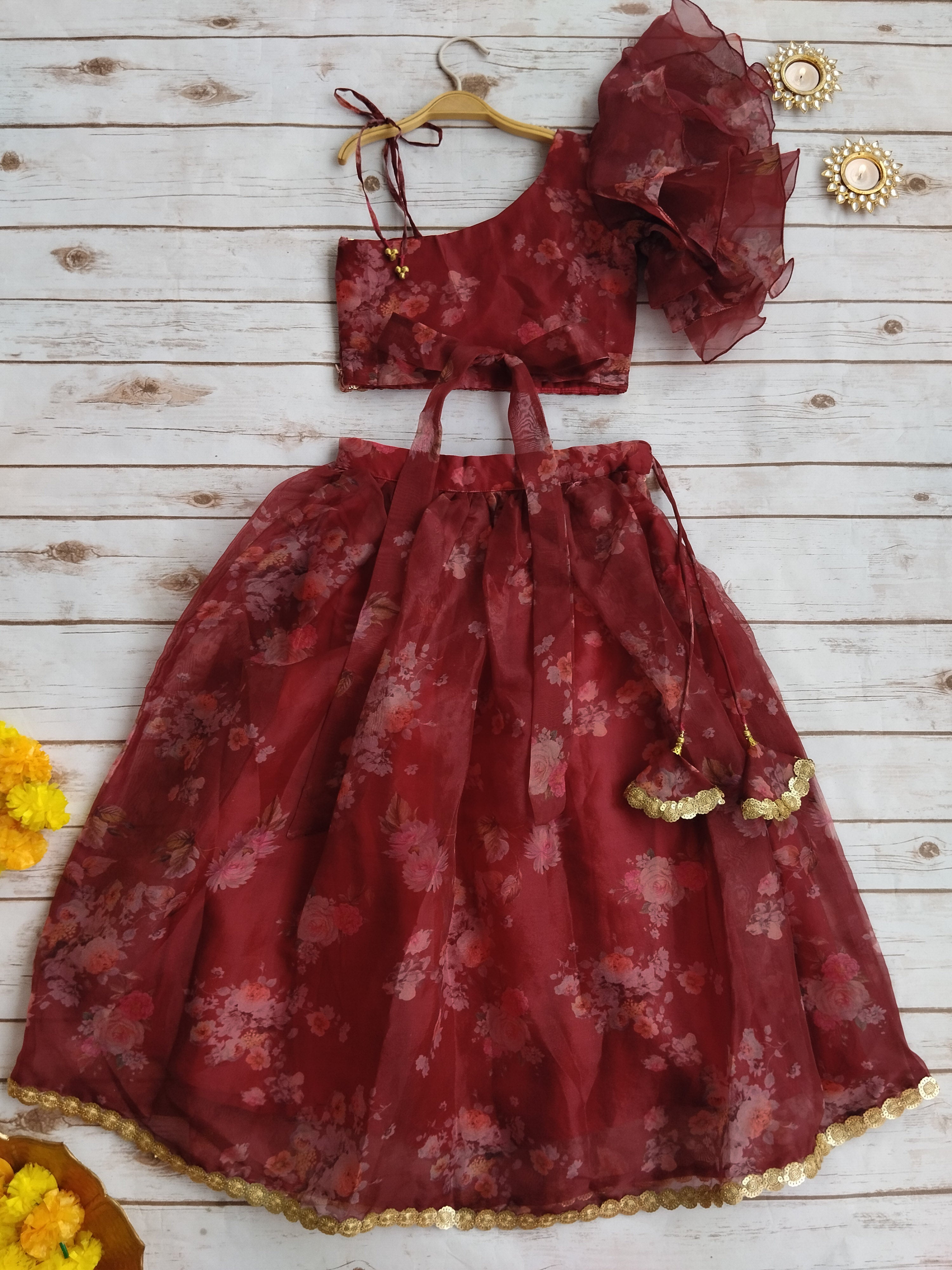 Wine Floral Print Organza Kid's Lehenga