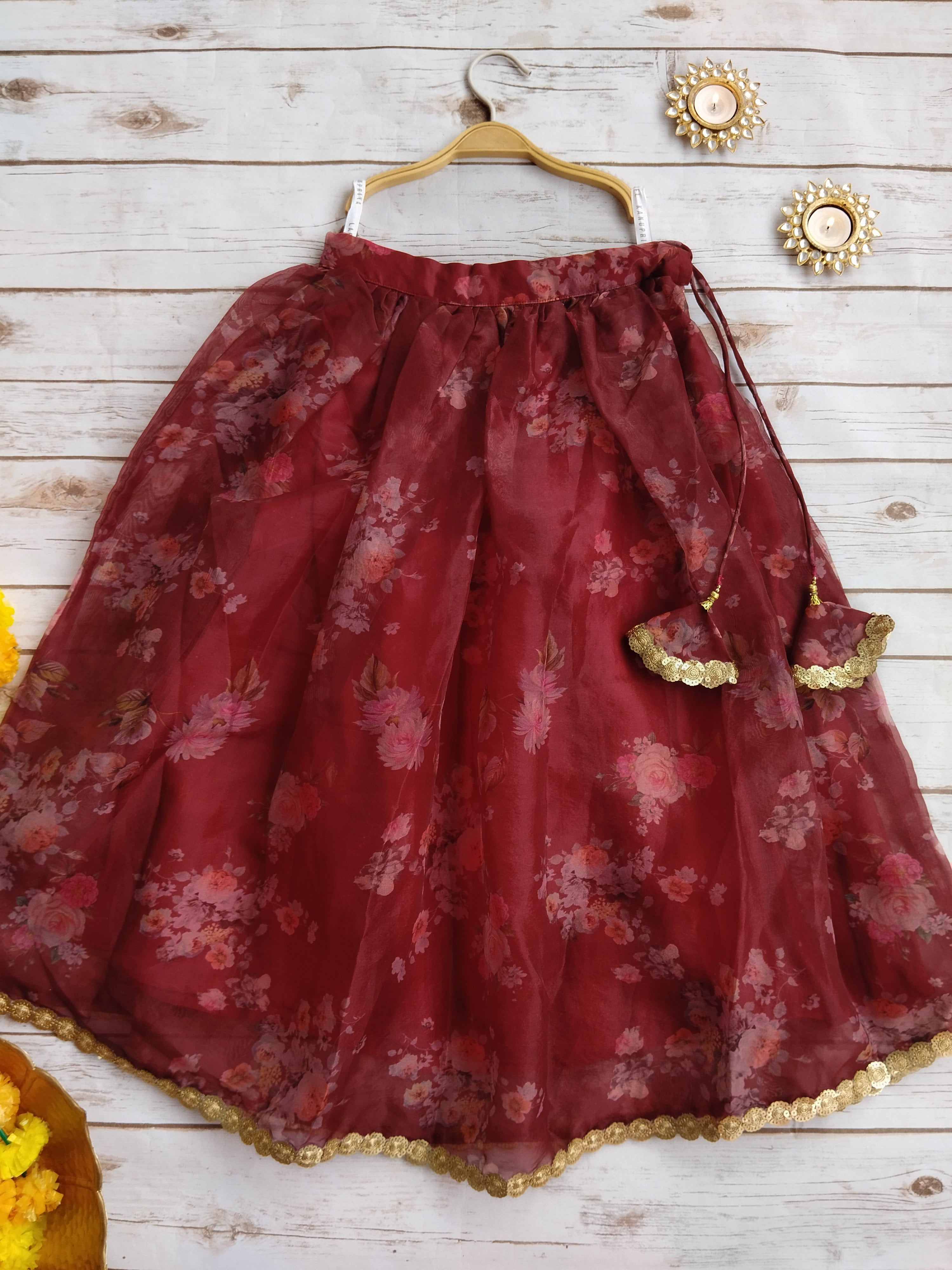 Wine Floral Print Organza Kid's Lehenga