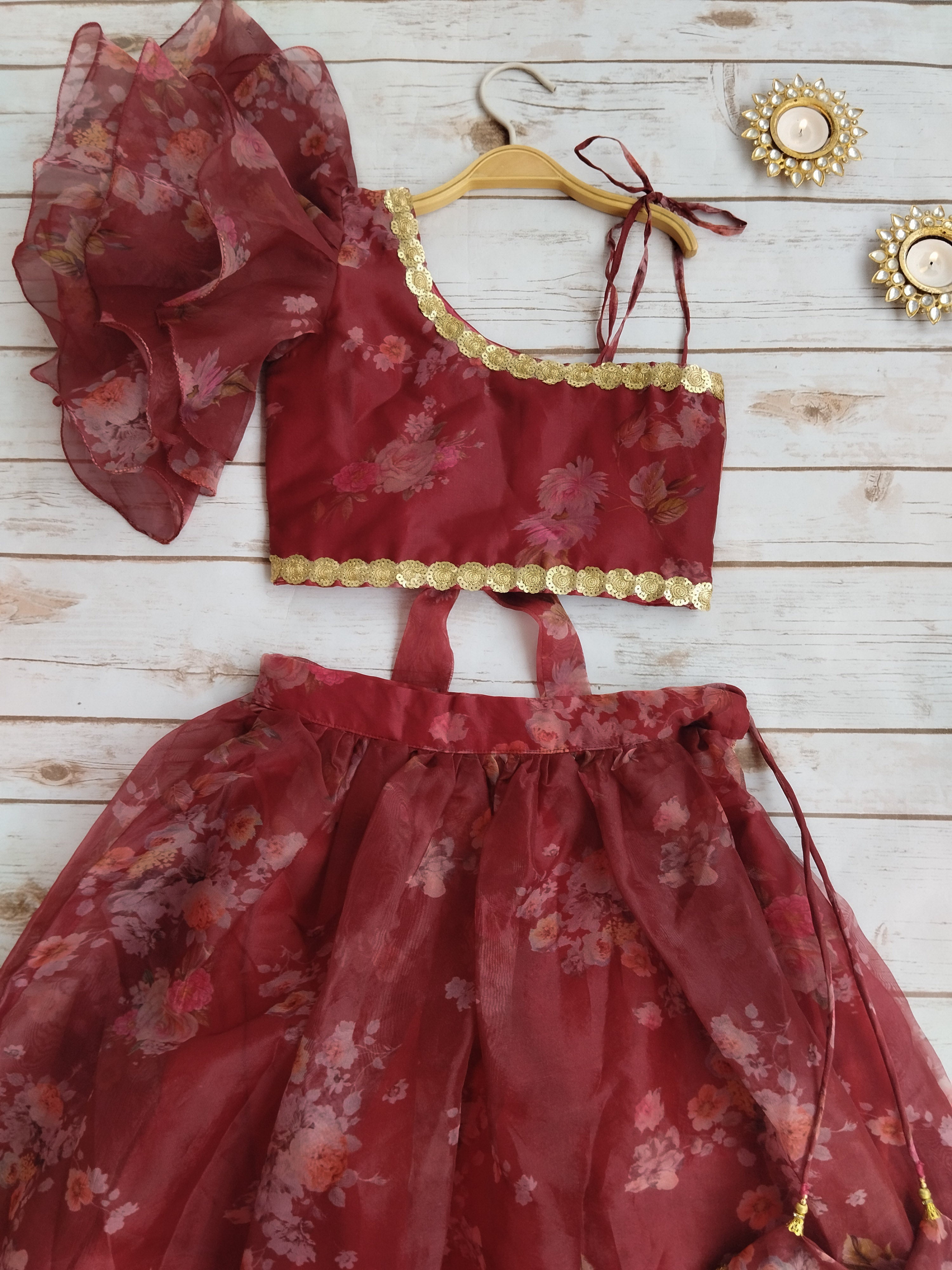 Wine Floral Print Organza Kid's Lehenga