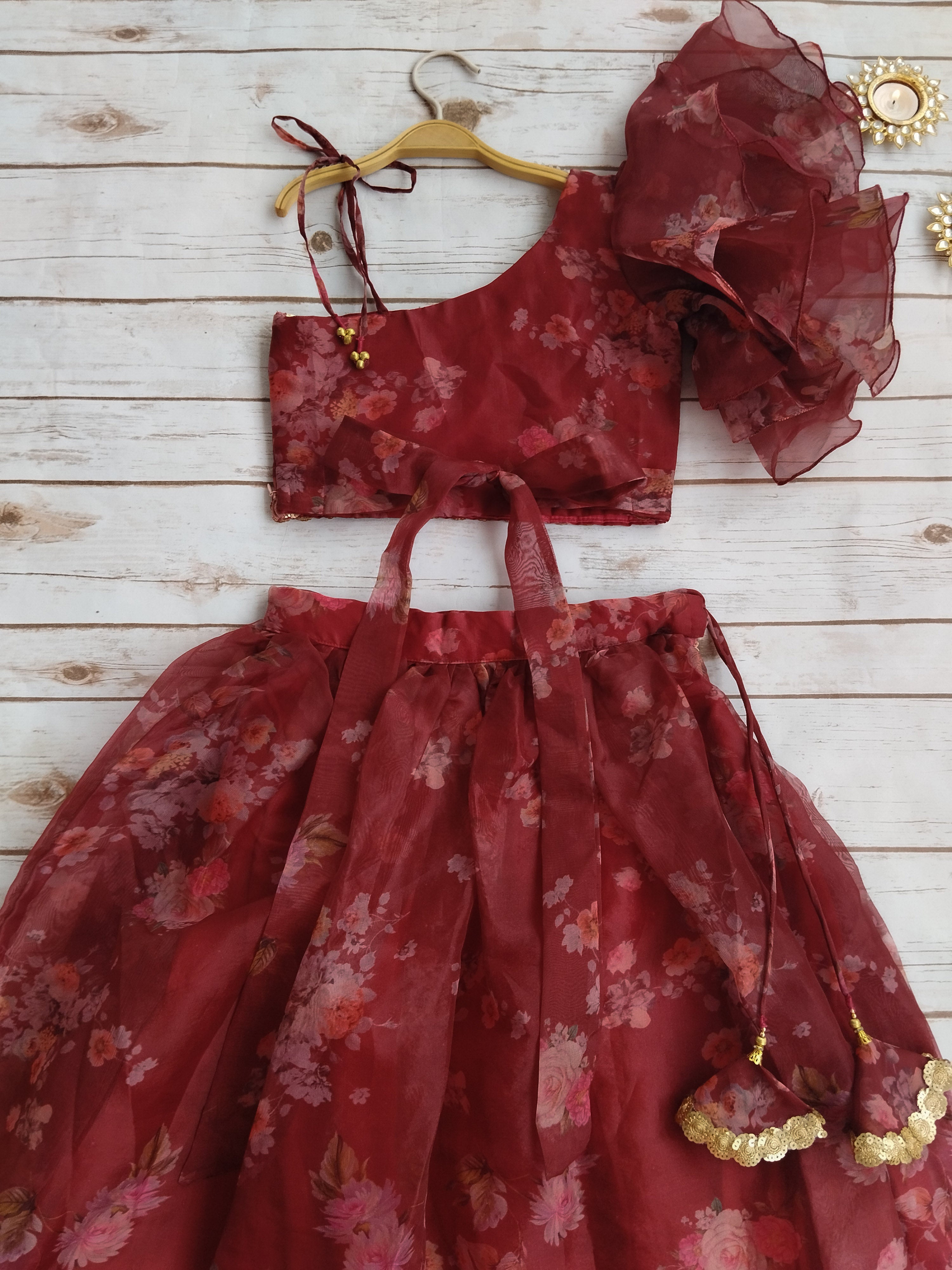 Wine Floral Print Organza Kid's Lehenga