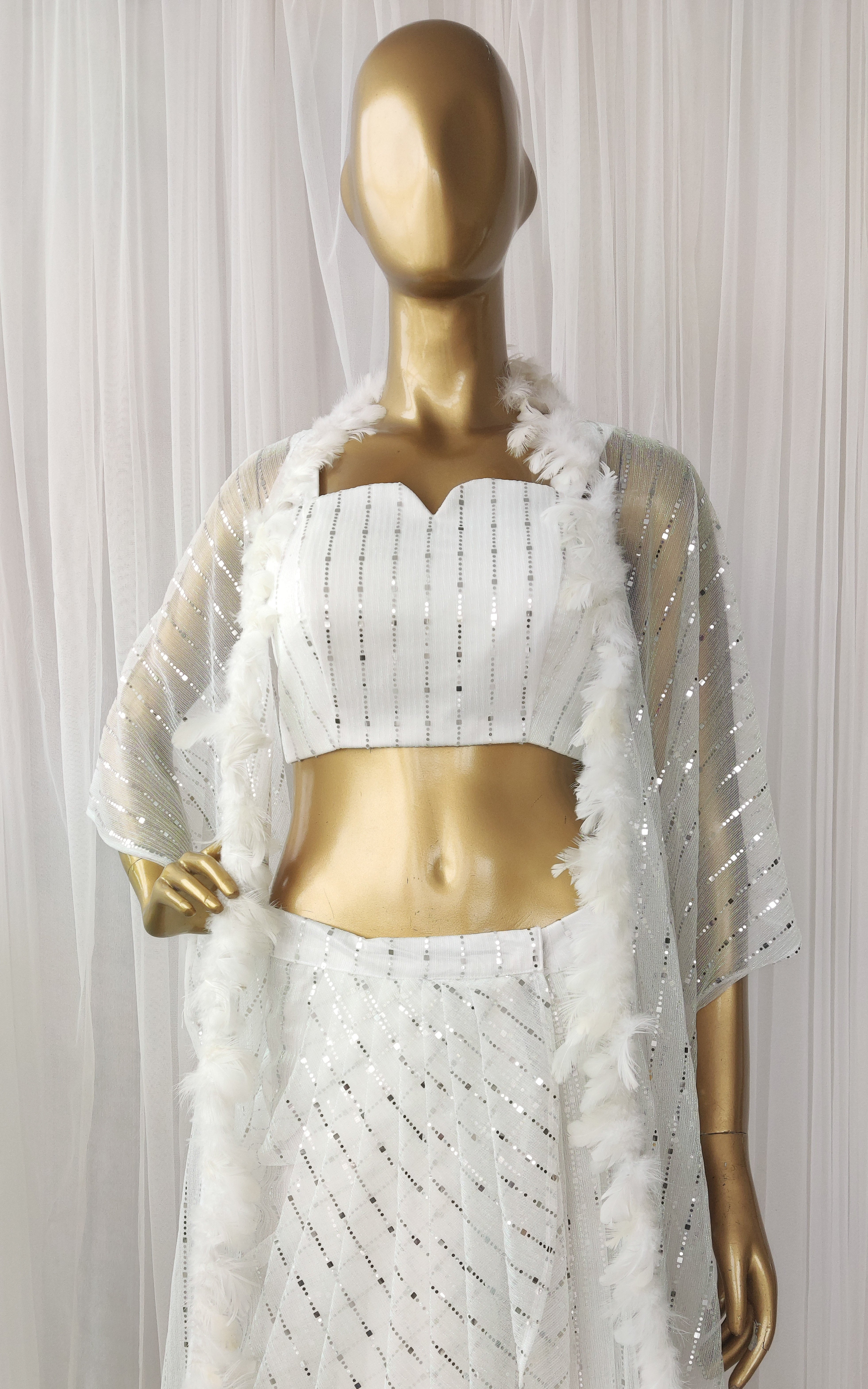 White Shimmer Draped Skirt Co-Ord Set