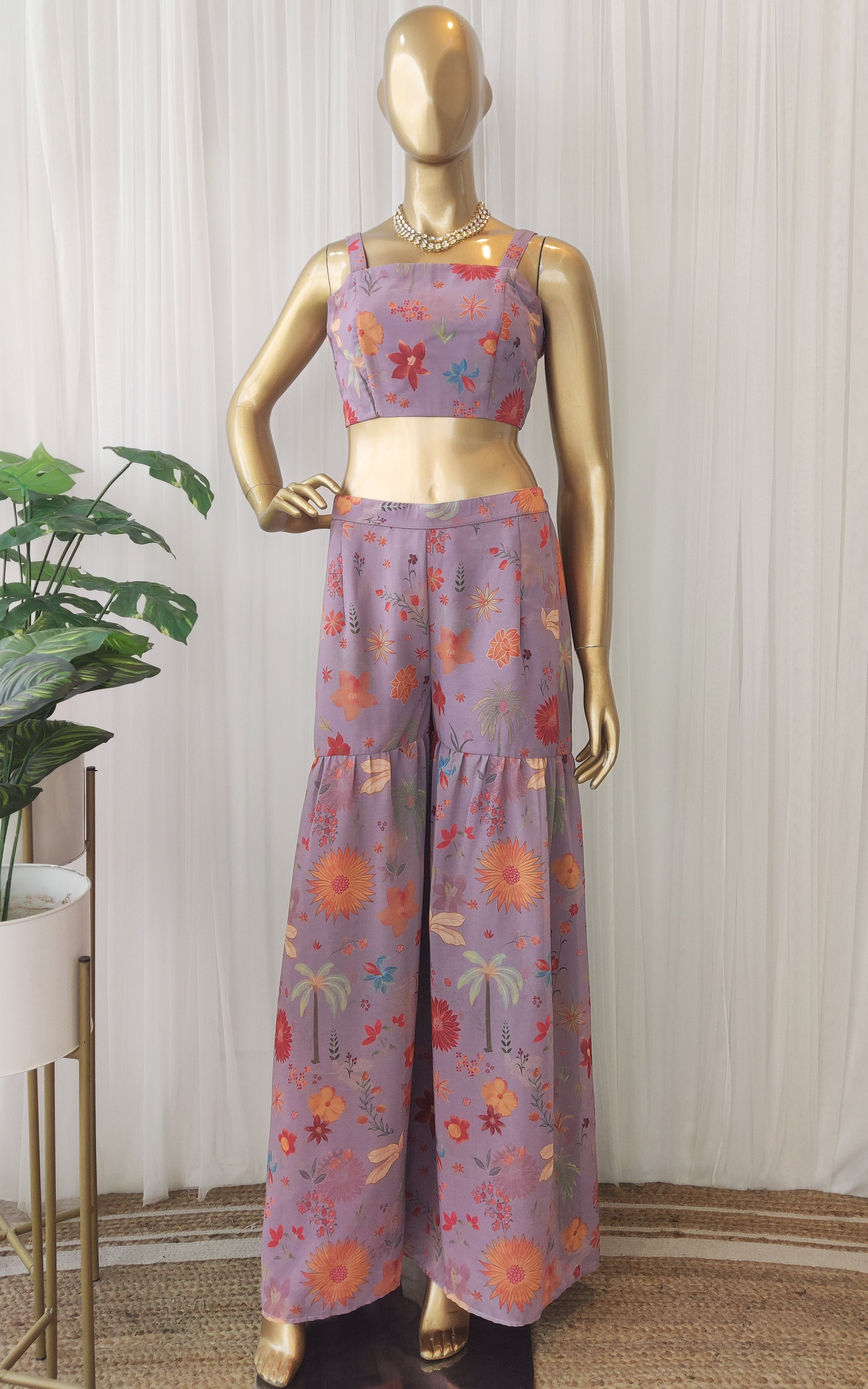 Lavender Tropical Print Crop Top Sharara & Jacket Set