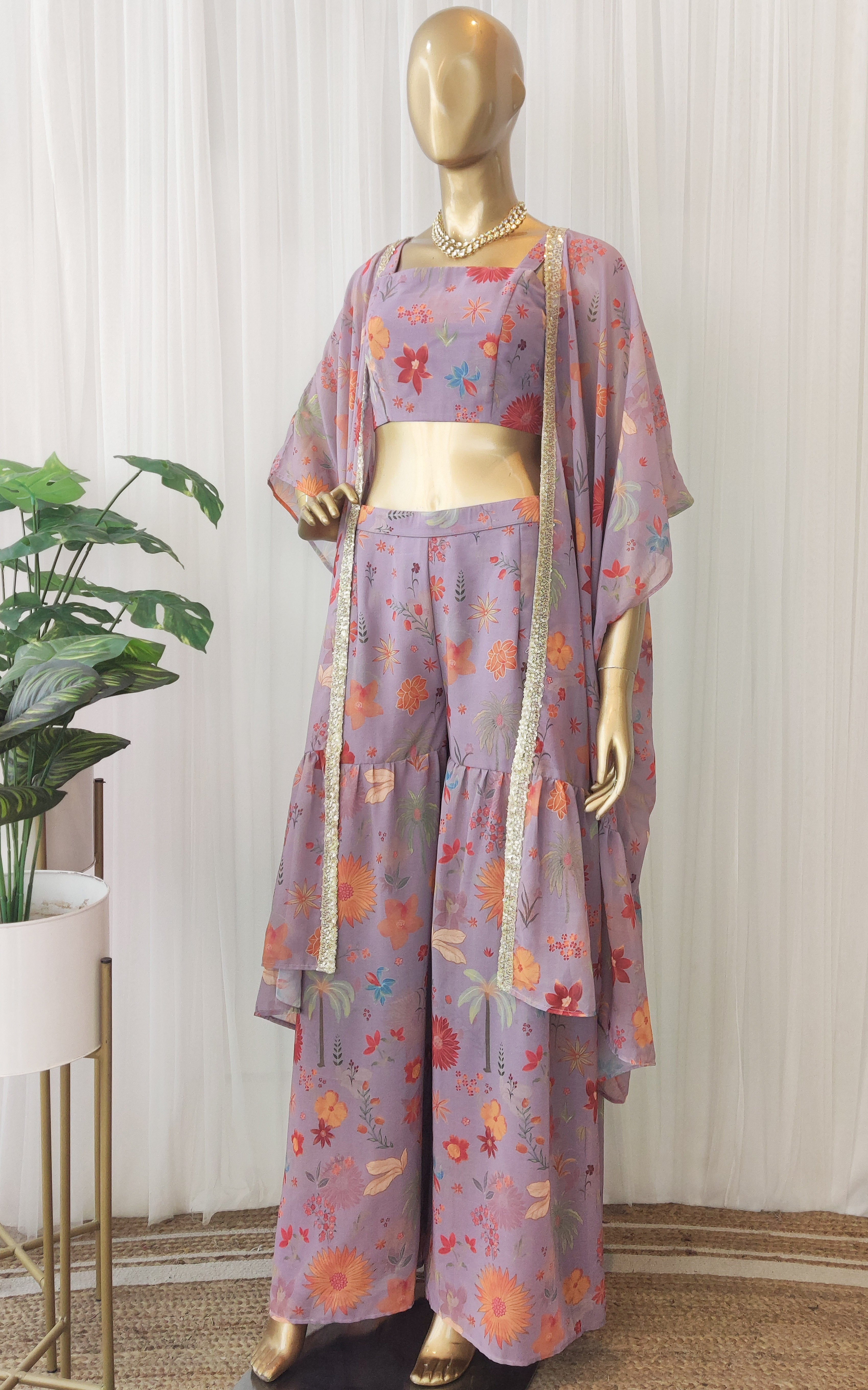 Lavender Tropical Print Crop Top Sharara & Jacket Set