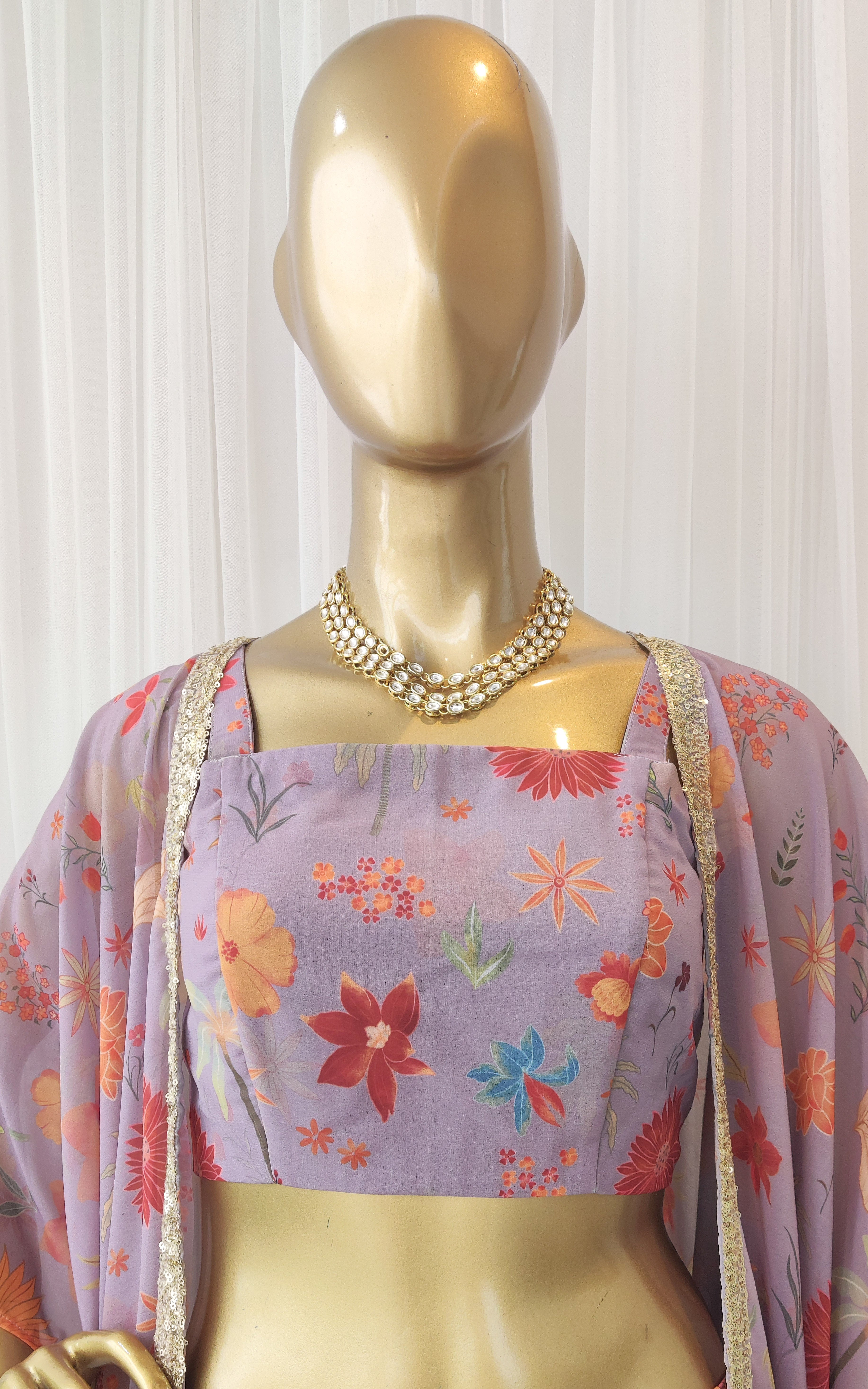 Lavender Tropical Print Crop Top Sharara & Jacket Set