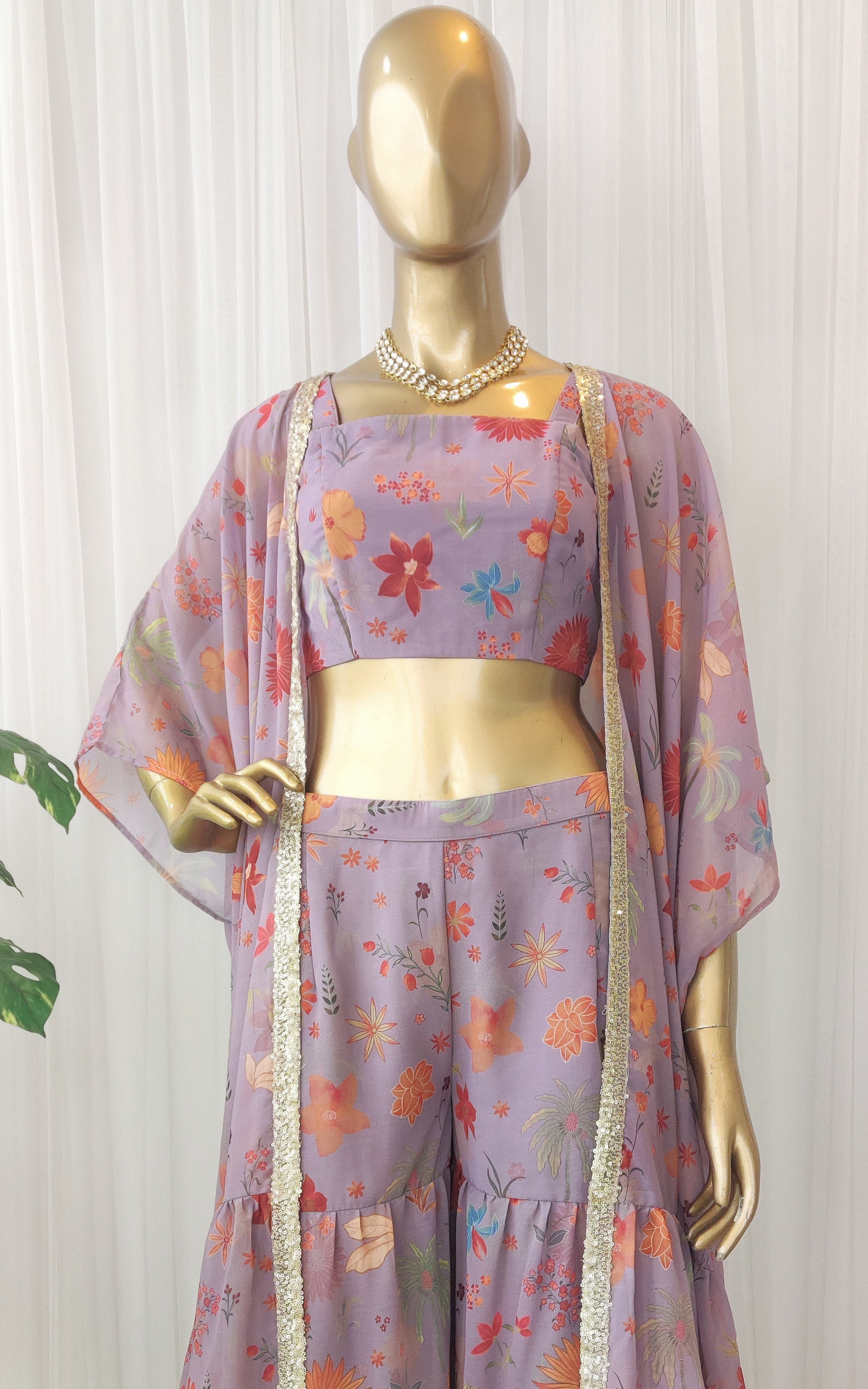 Lavender Tropical Print Crop Top Sharara & Jacket Set