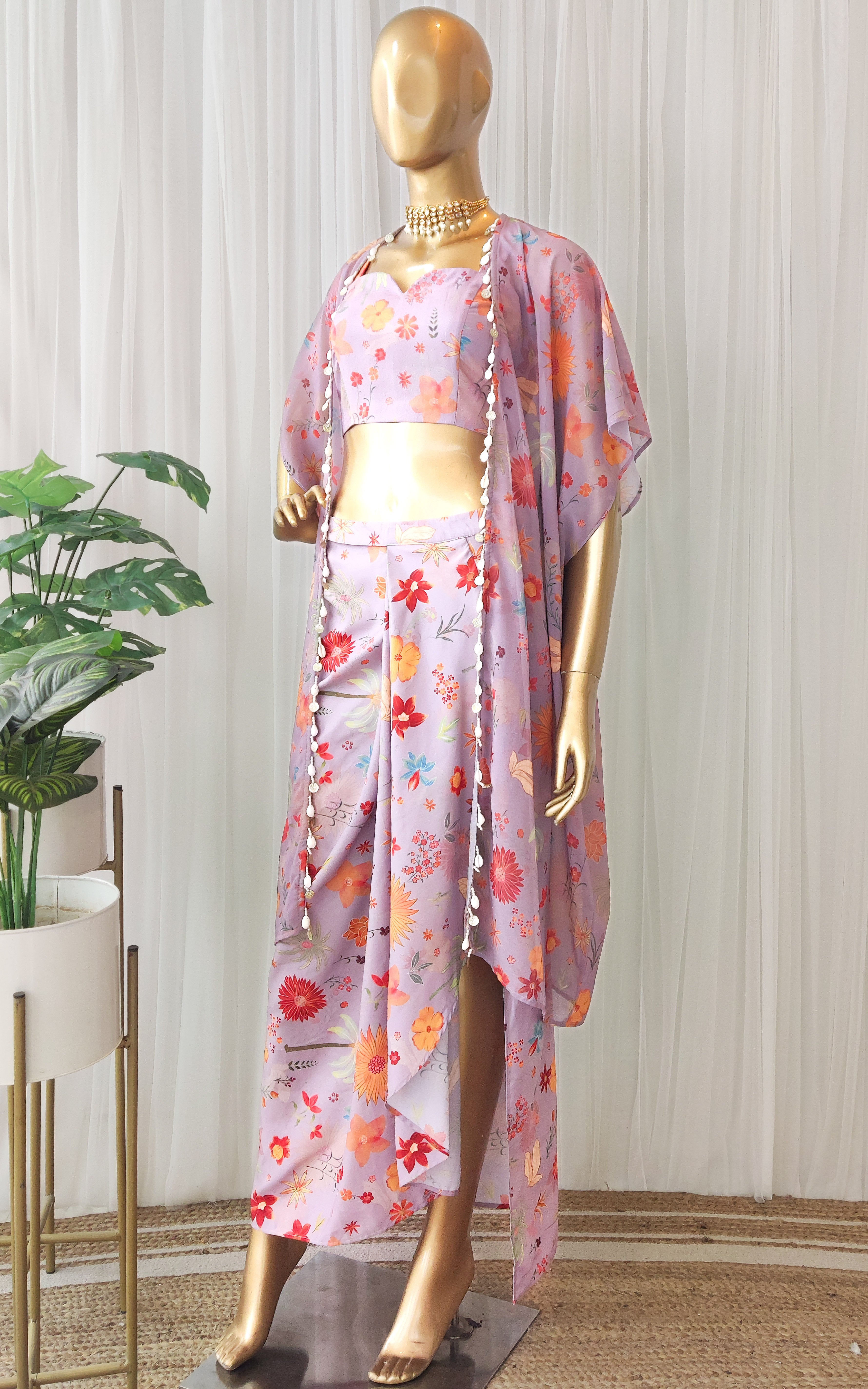 Lavender Tropical Print Draped Skirt Co-Ord  Set