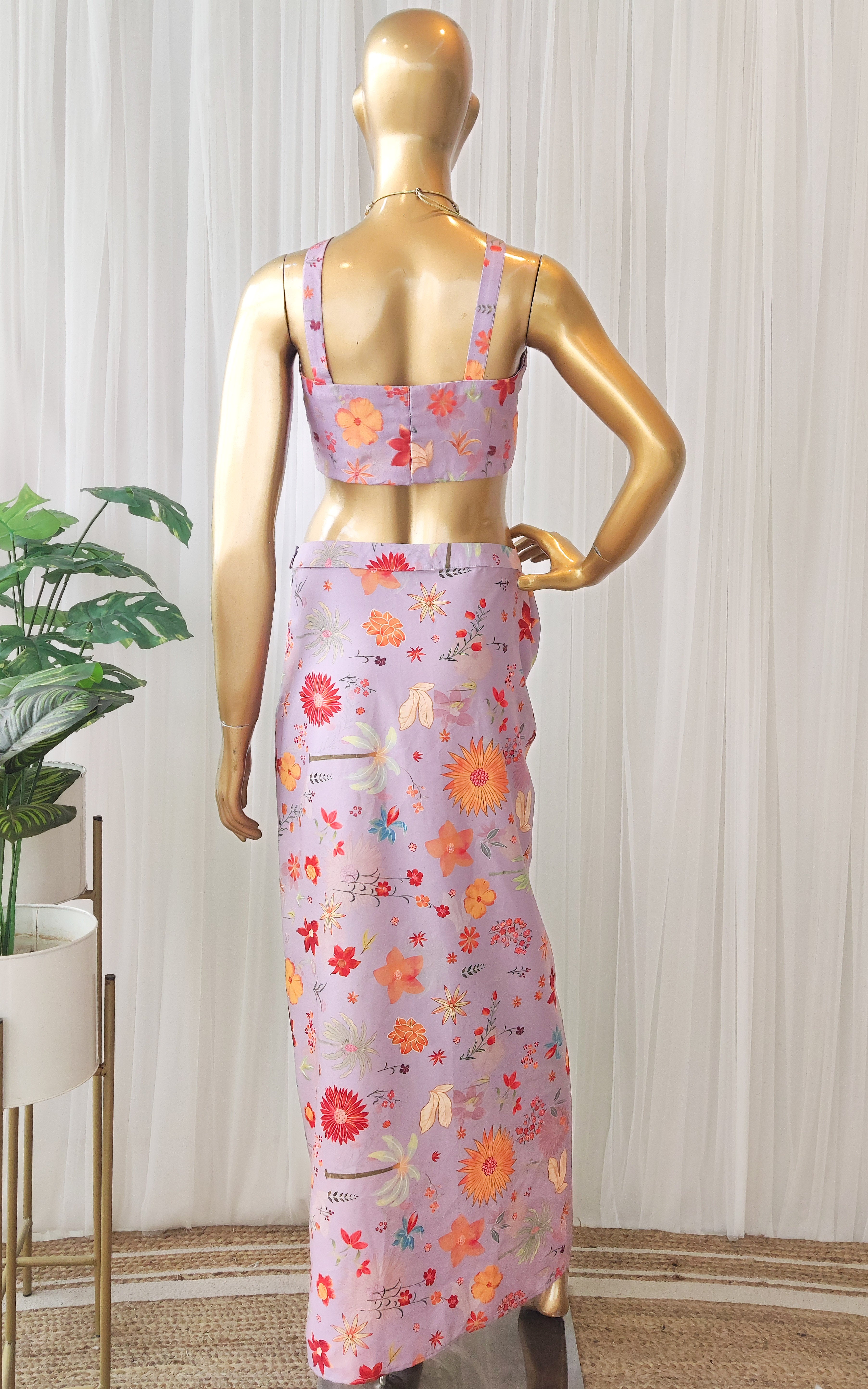 Lavender Tropical Print Draped Skirt Co-Ord  Set