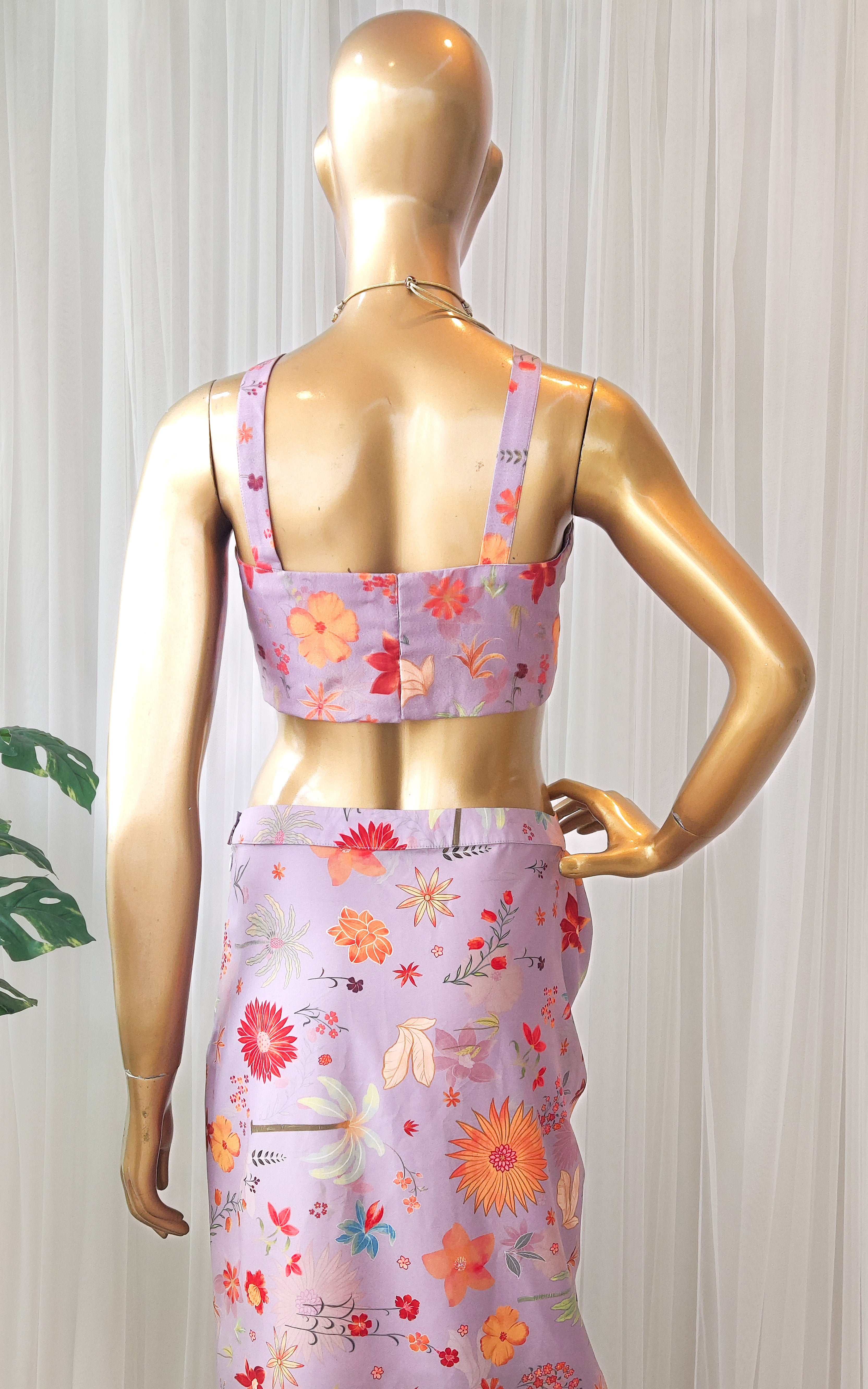 Lavender Tropical Print Draped Skirt Co-Ord  Set