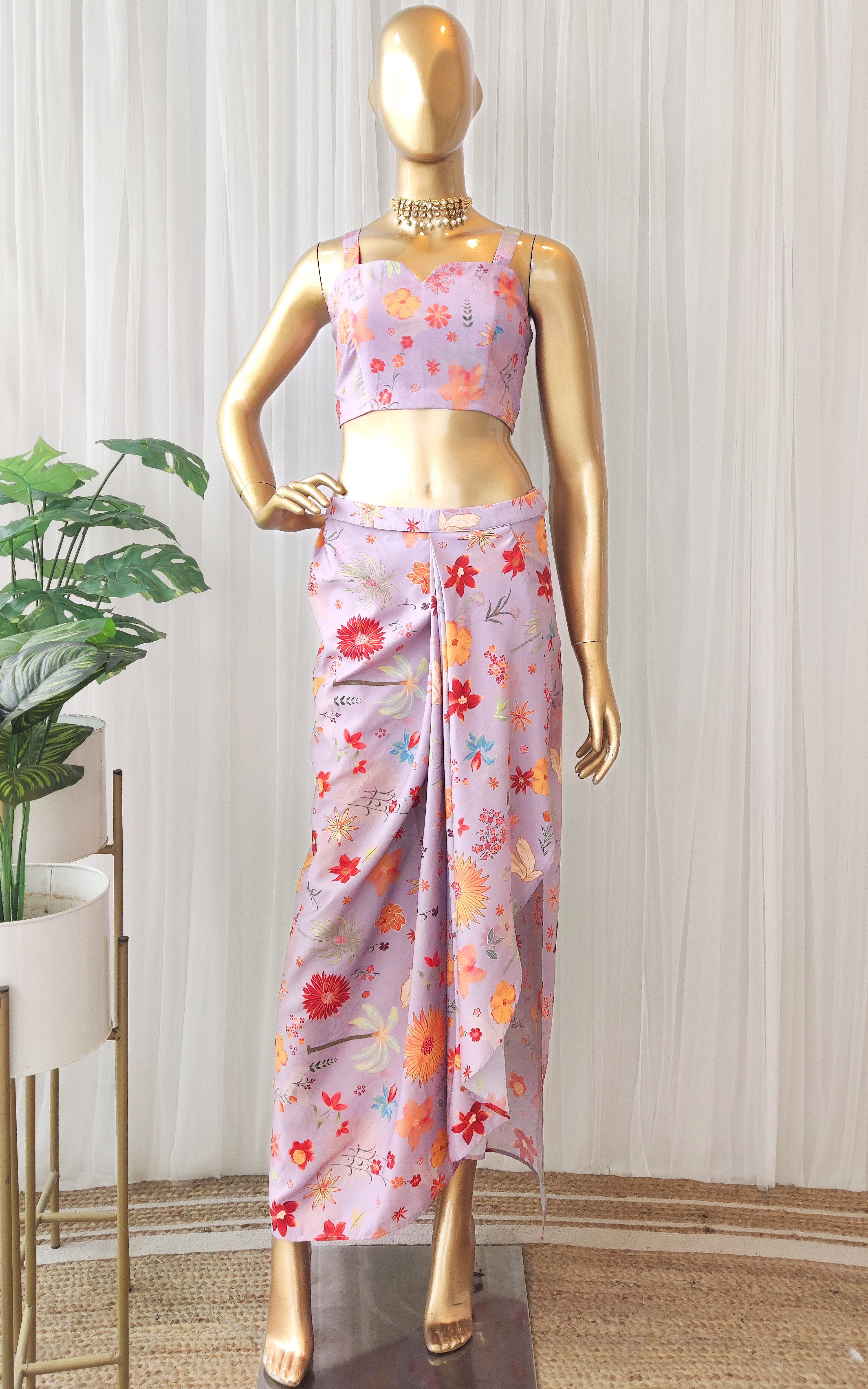 Lavender Tropical Print Draped Skirt Co-Ord  Set