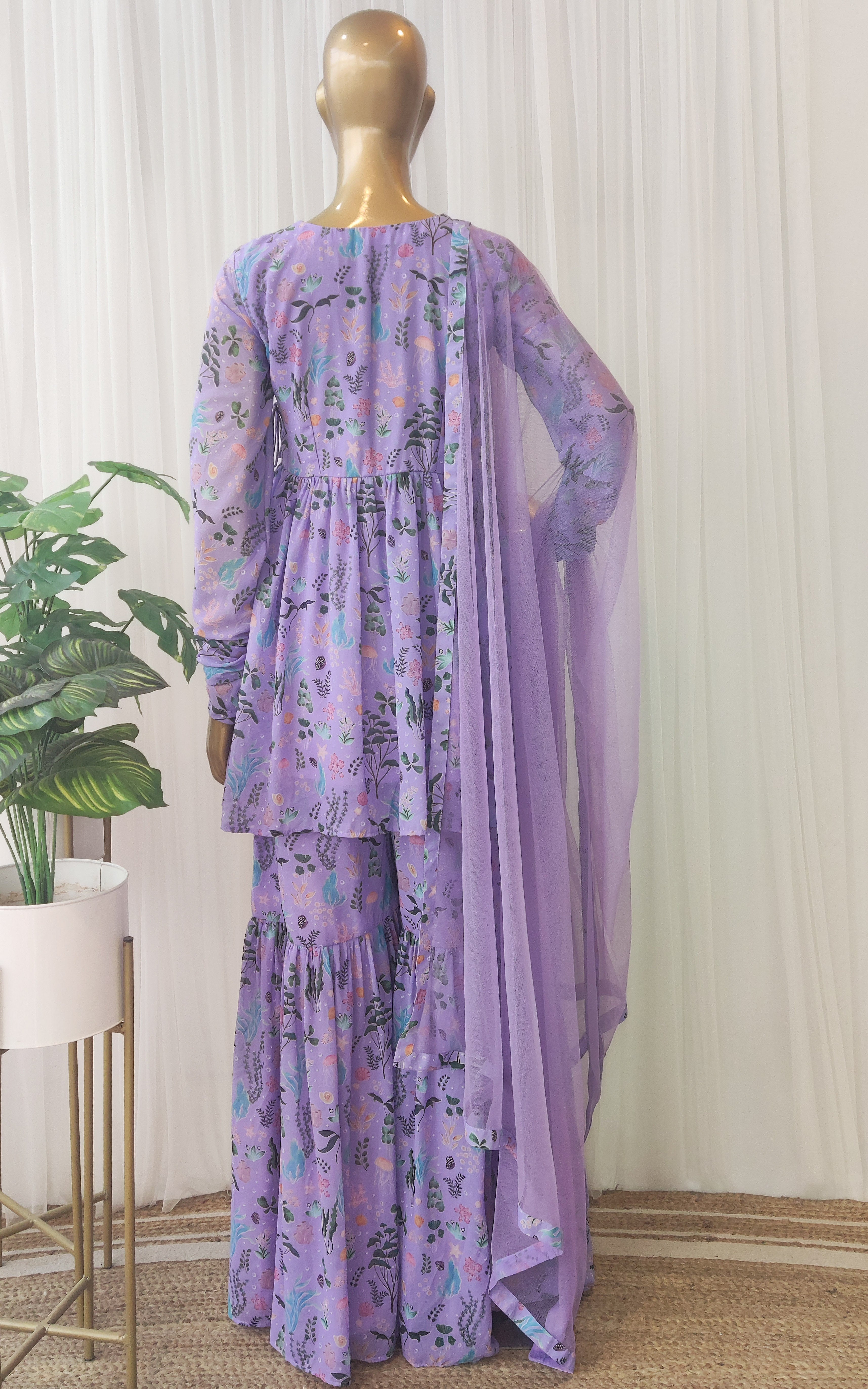 Sonal Purple Mirrorwork Georgette Sharara Set