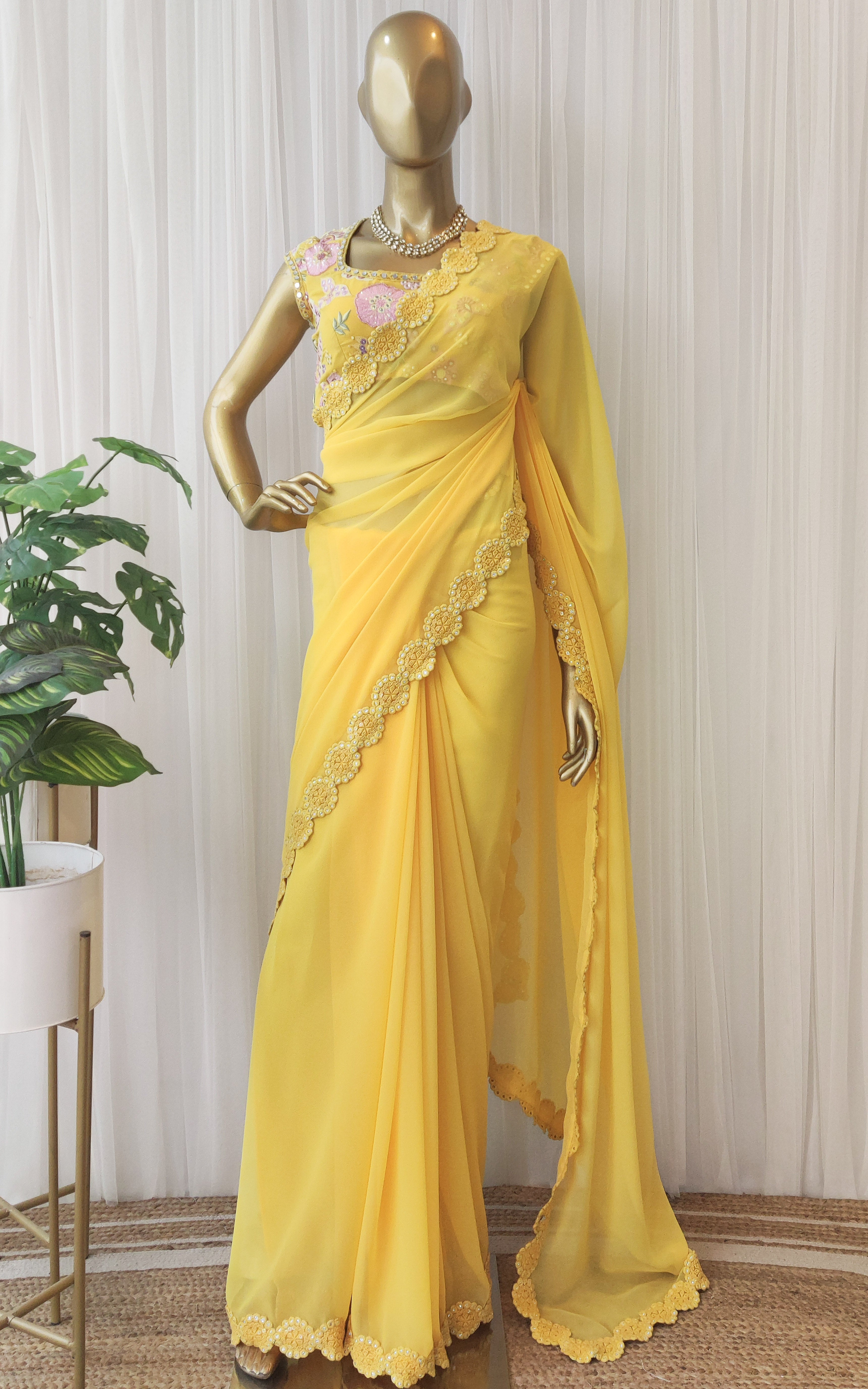 Yellow Mirrorwork Georgette Saree