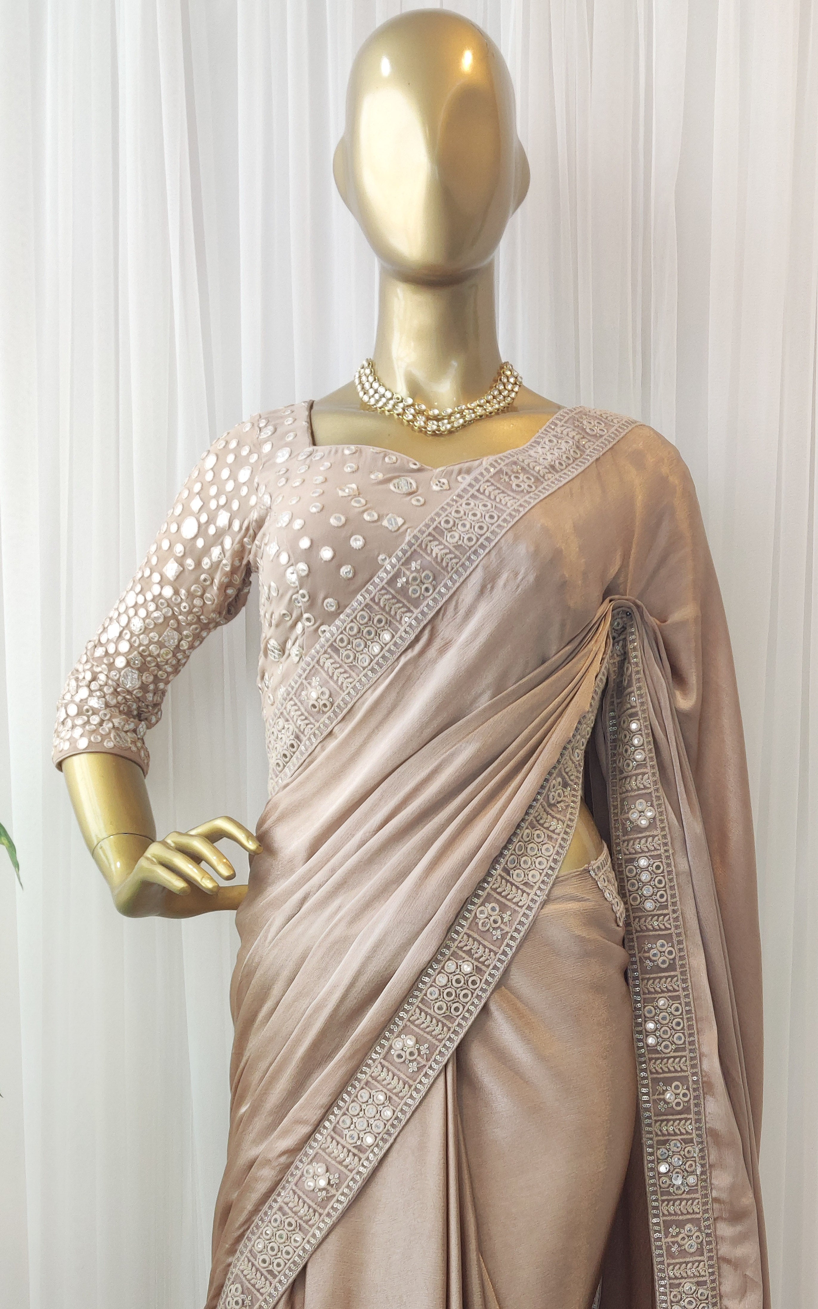 Chiffon Satin Saree with Mirrorwork  Blouse