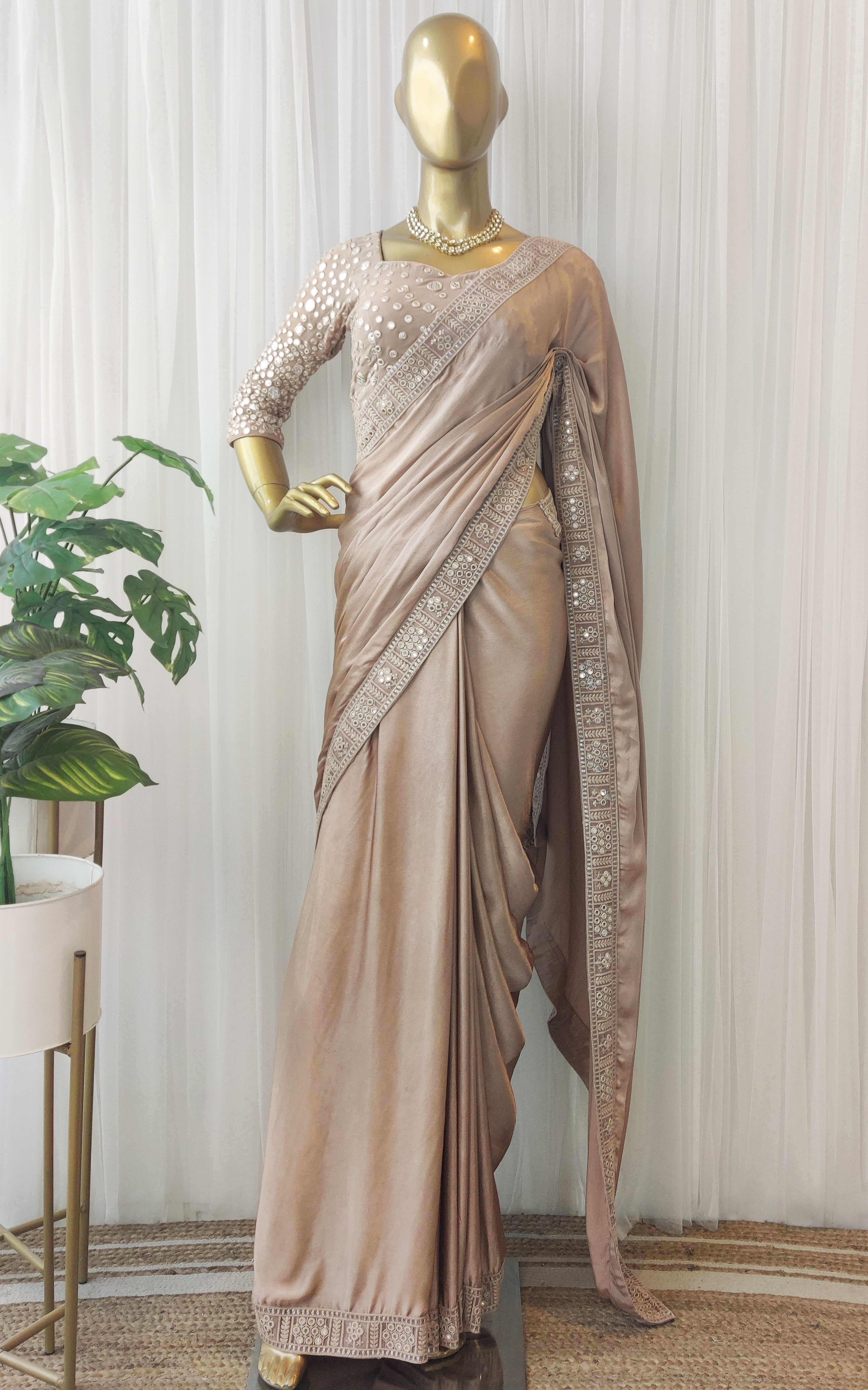 Chiffon Satin Saree with Mirrorwork  Blouse