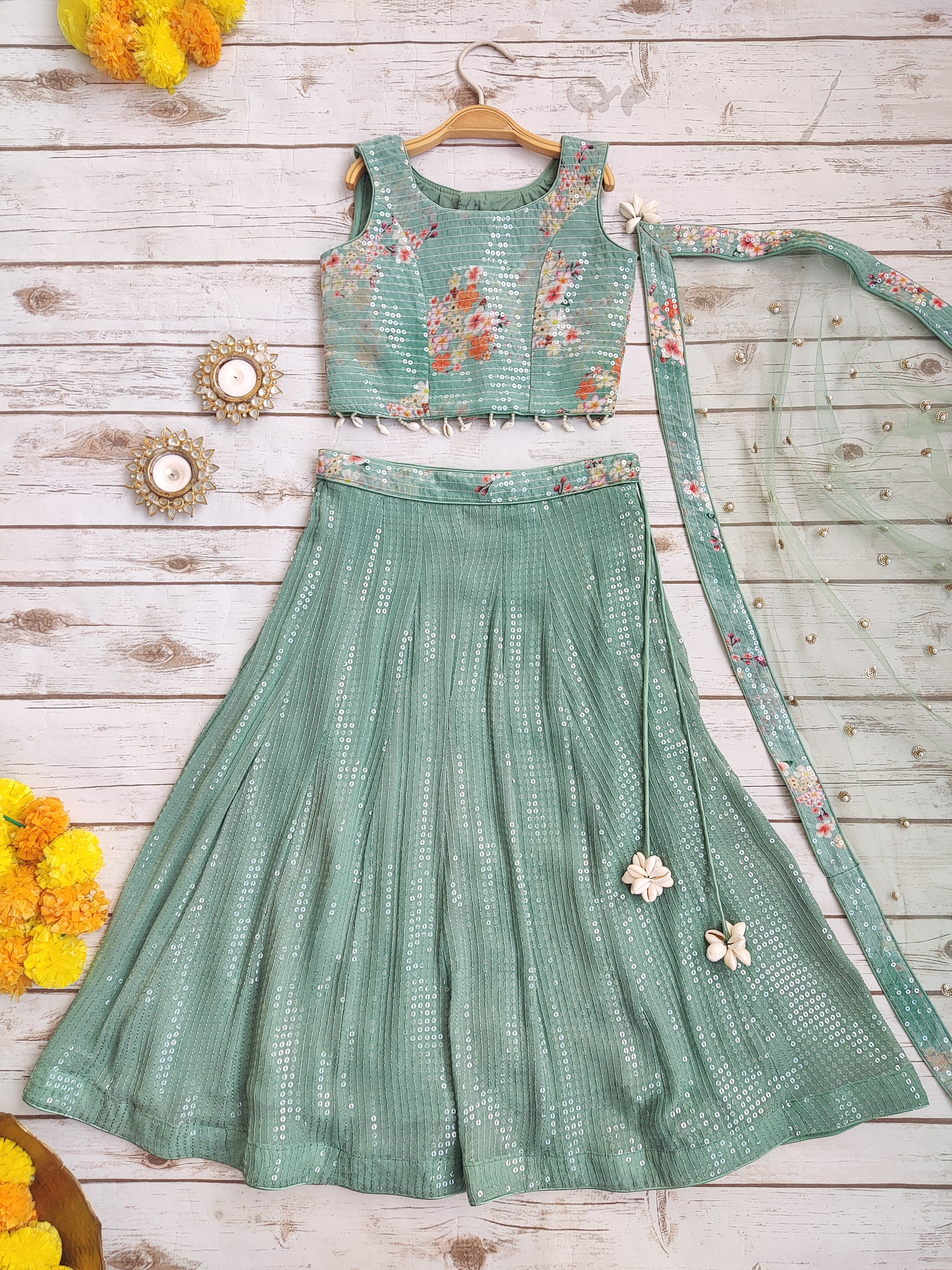 Sage Green Sequinned Lehenga with Floral Blouse (Kids)