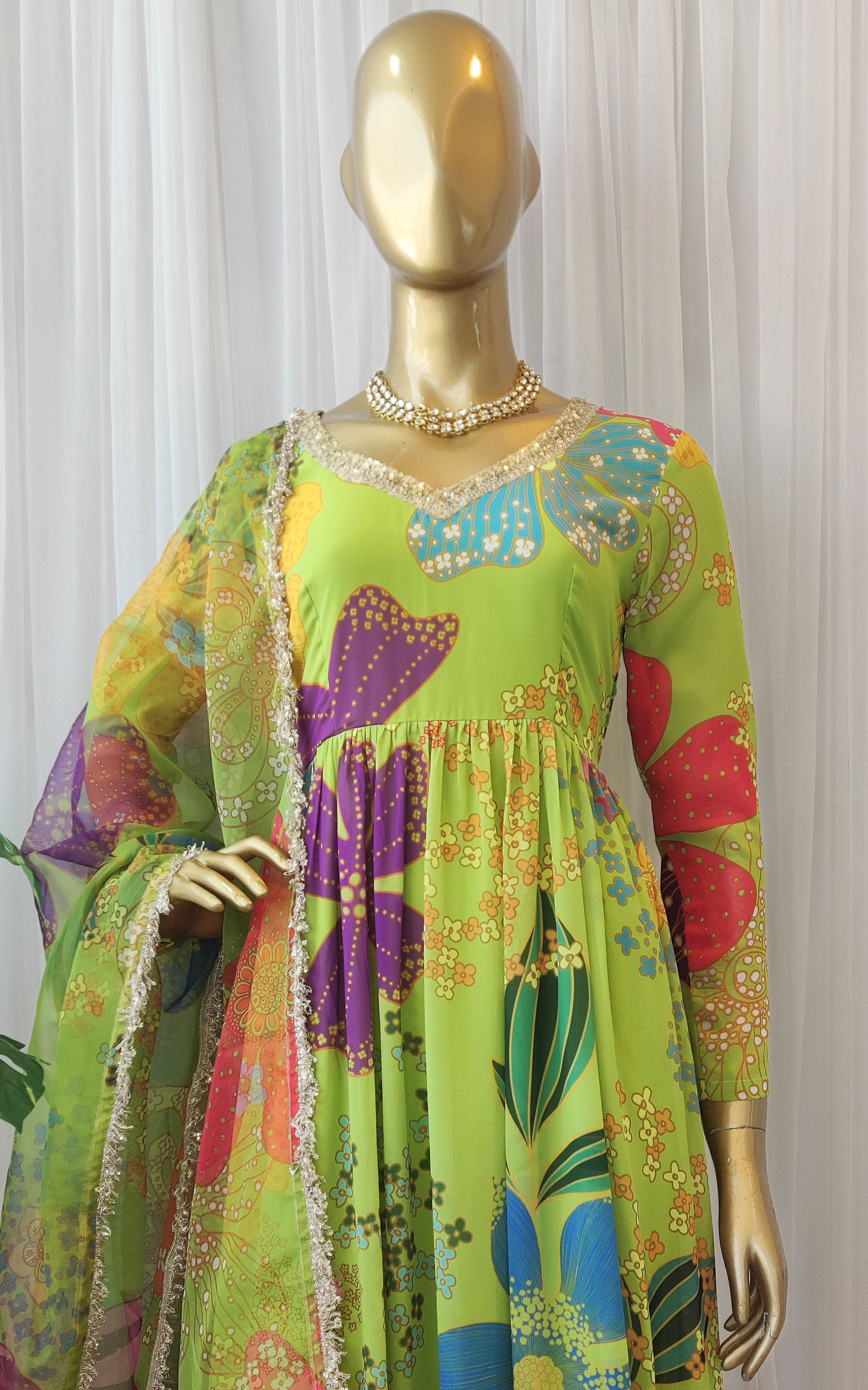 Green Multi Color Floral Print Anarkali