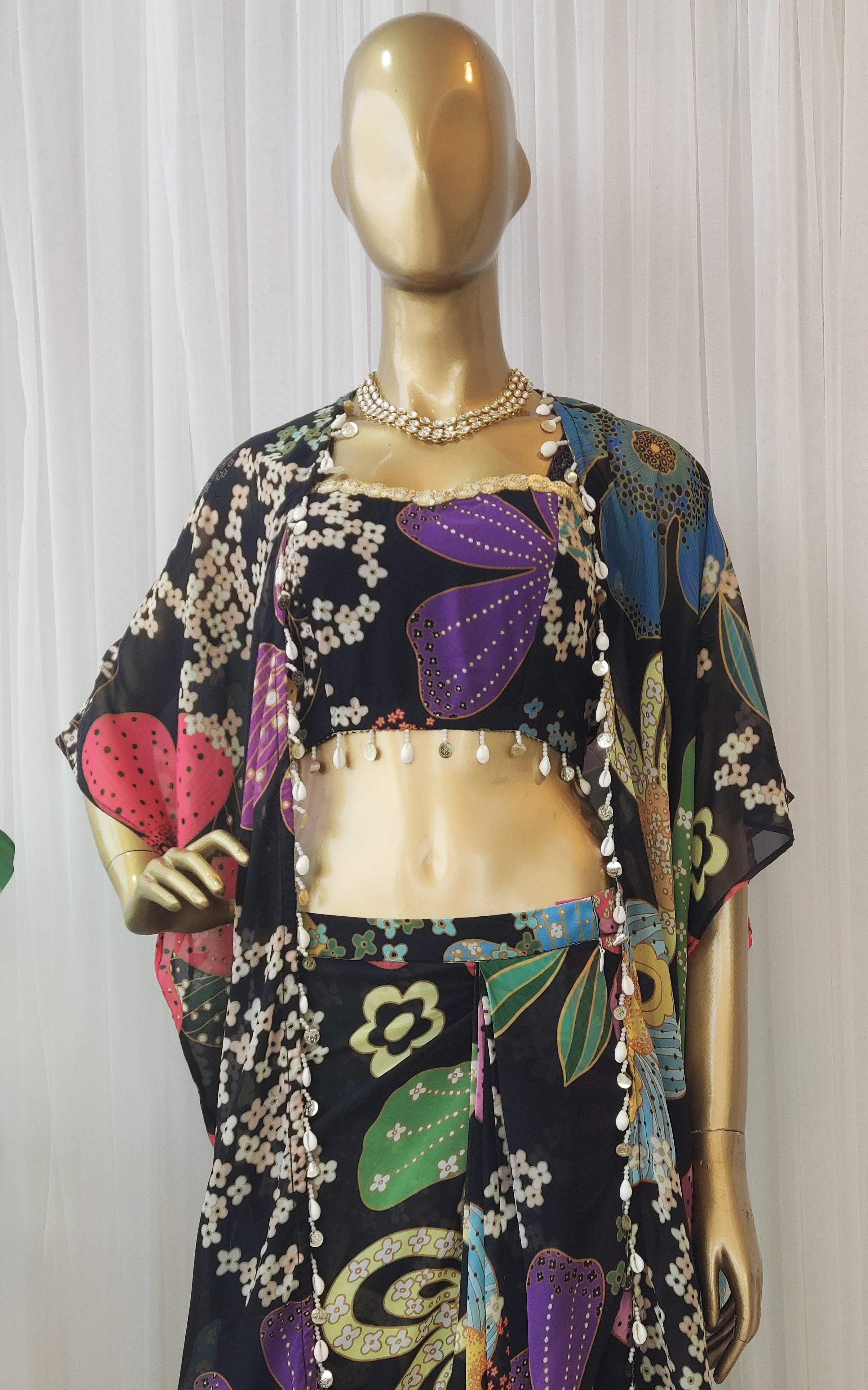 Black Floral Multicolor Crop Top & Draped Skirt Co-ord Set