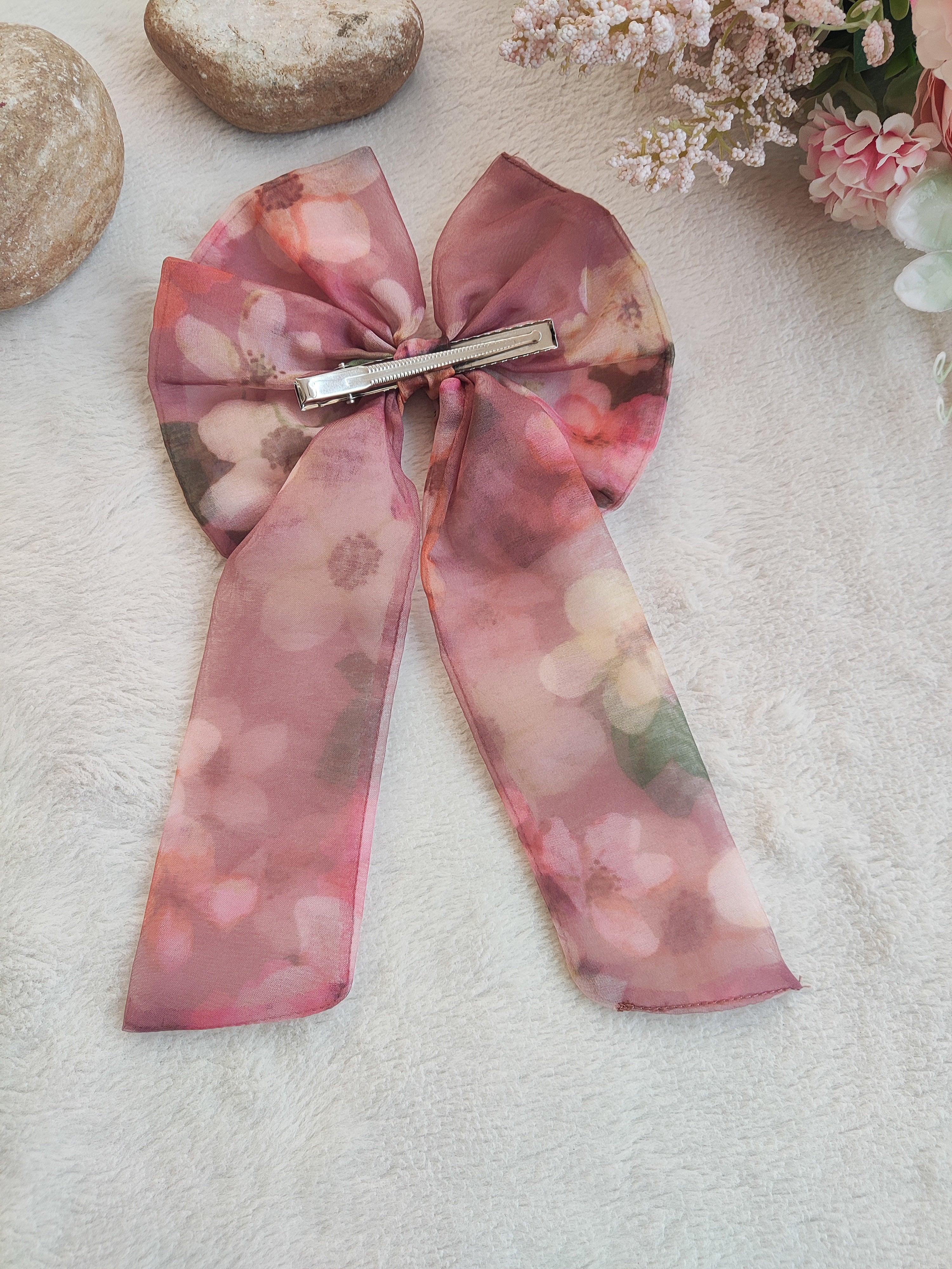 Grapewine Floral Printed Organza Long Bow