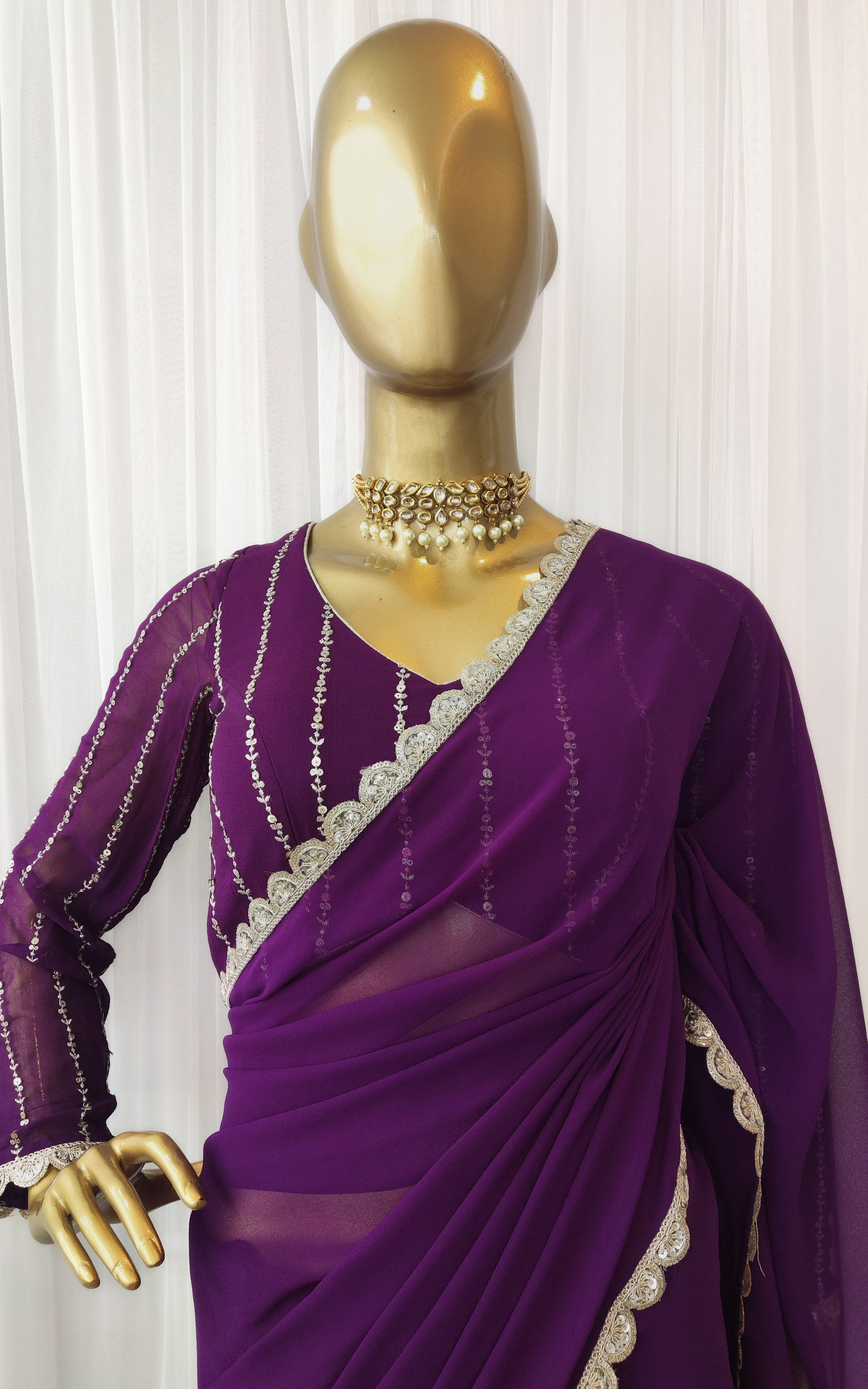 Purple Georgette Zari Work Saree