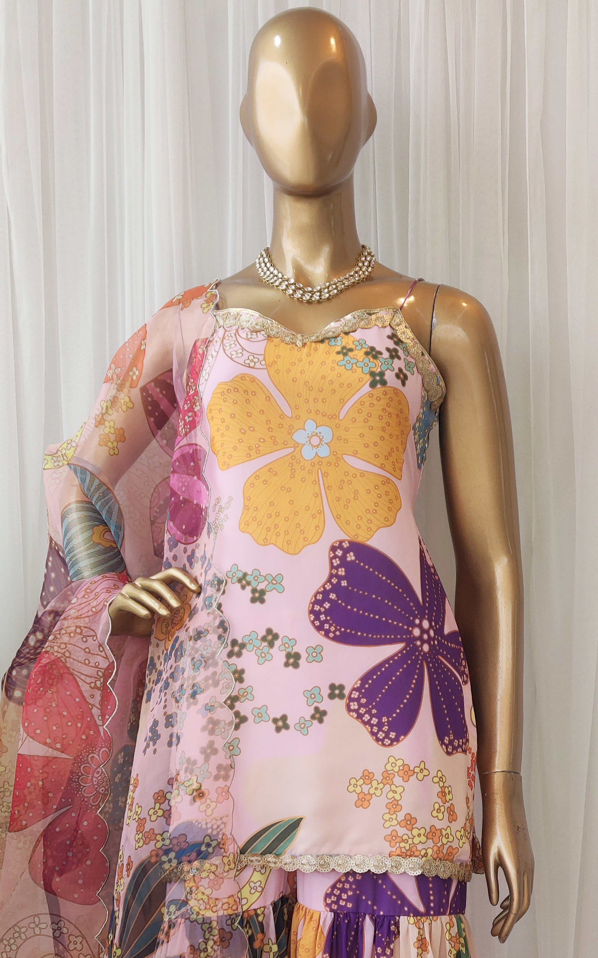 Vintage Pink Multicolor Floral Print Georgette Sharara Set