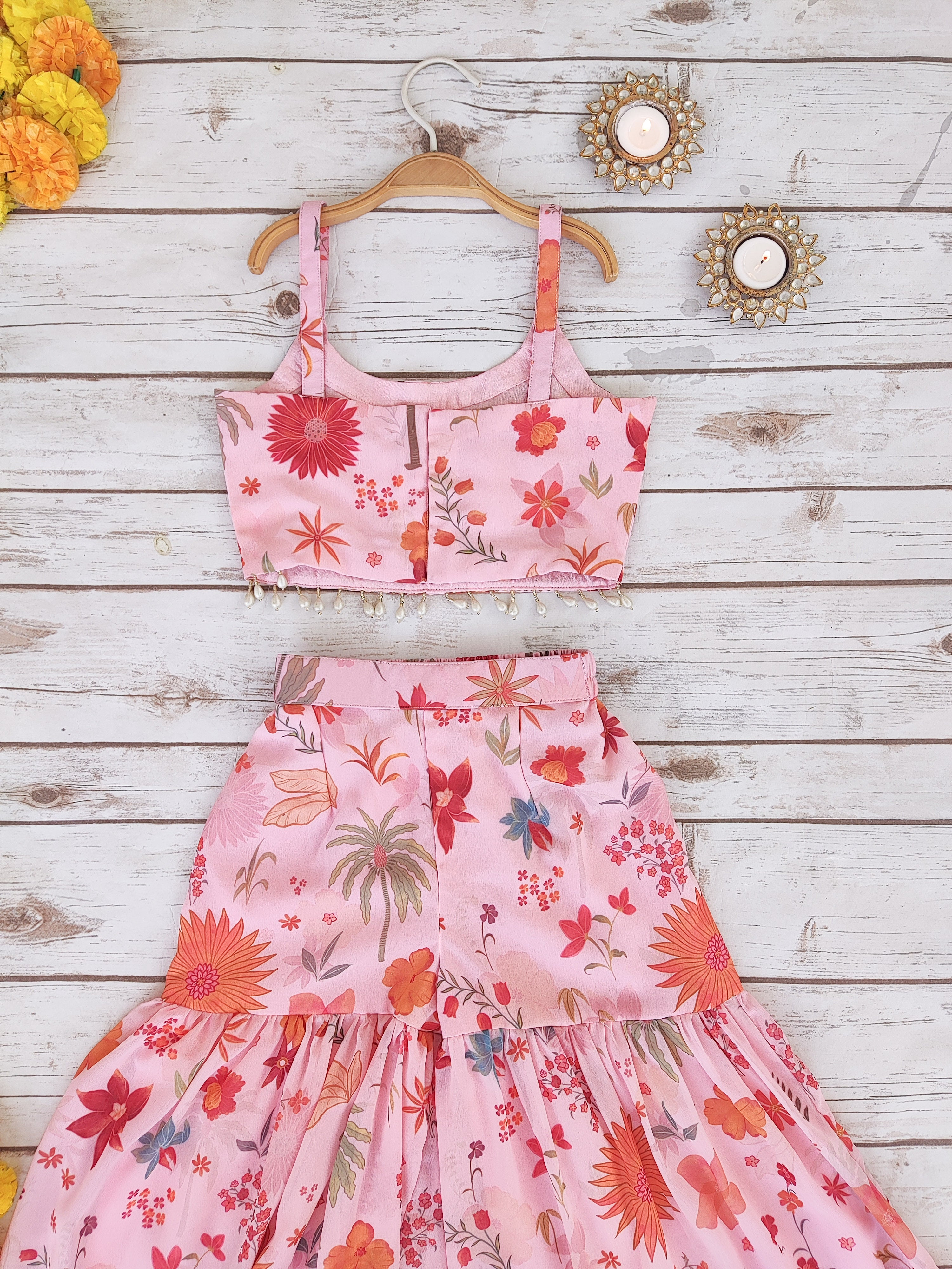 Pink Tropical Kid's Crop Top Sharara Set