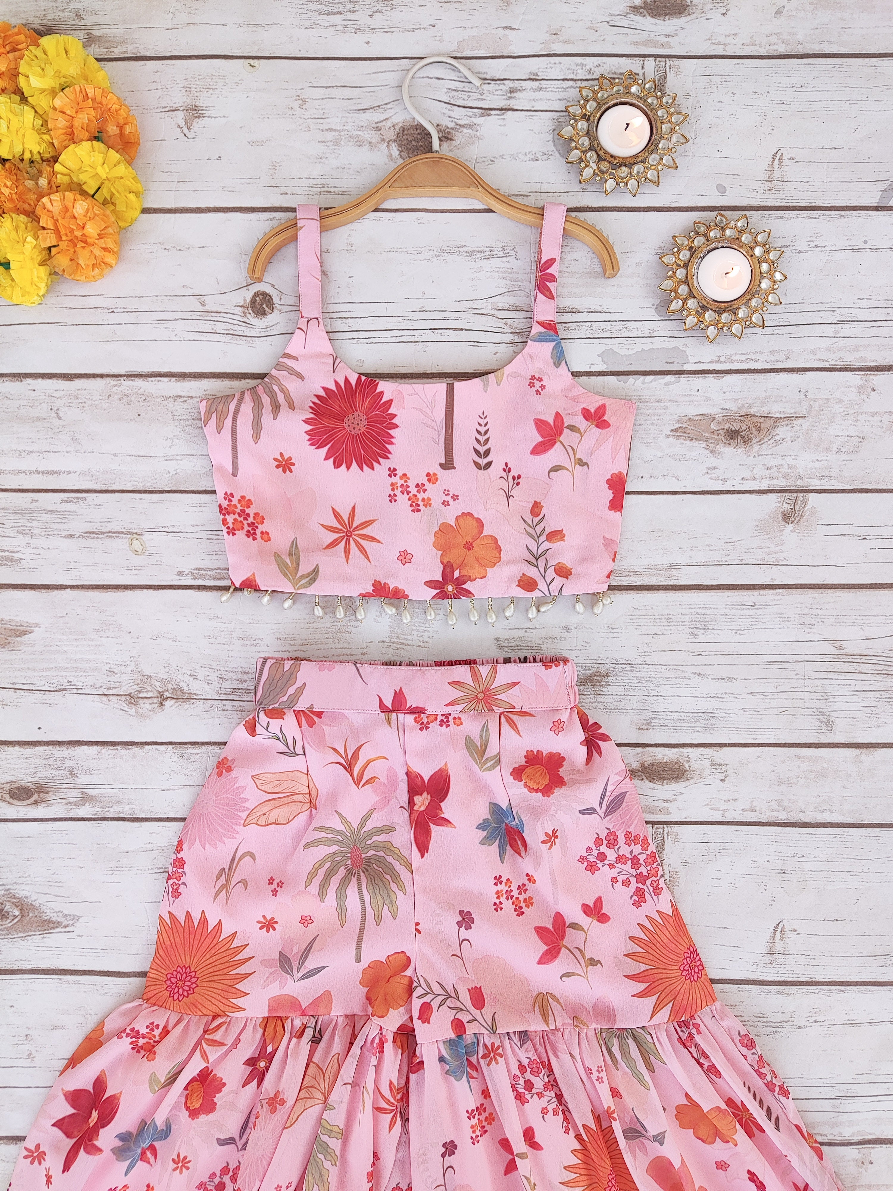 Pink Tropical Kid's Crop Top Sharara Set