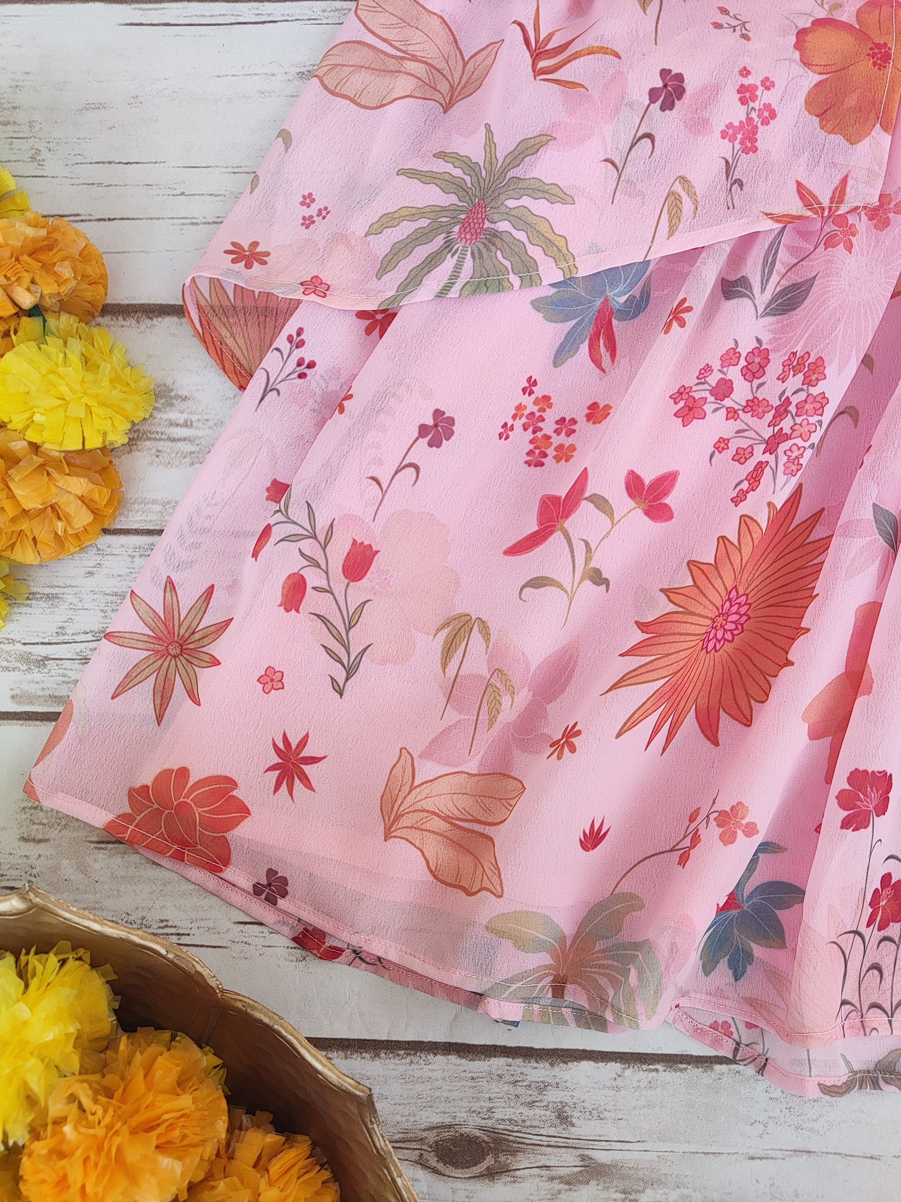 Pink Tropical Kid's Crop Top Sharara Set