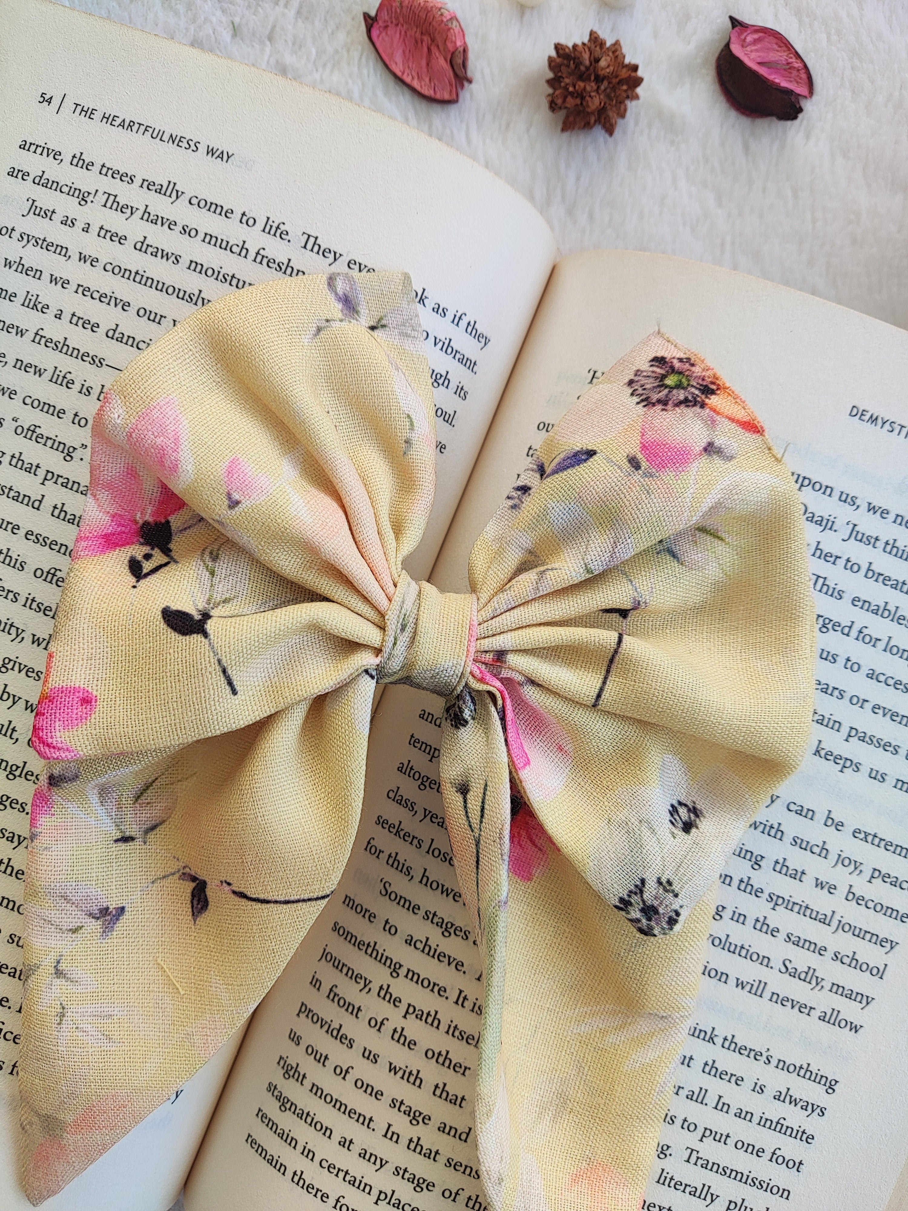 Yellow Linen Floral Printed Bow