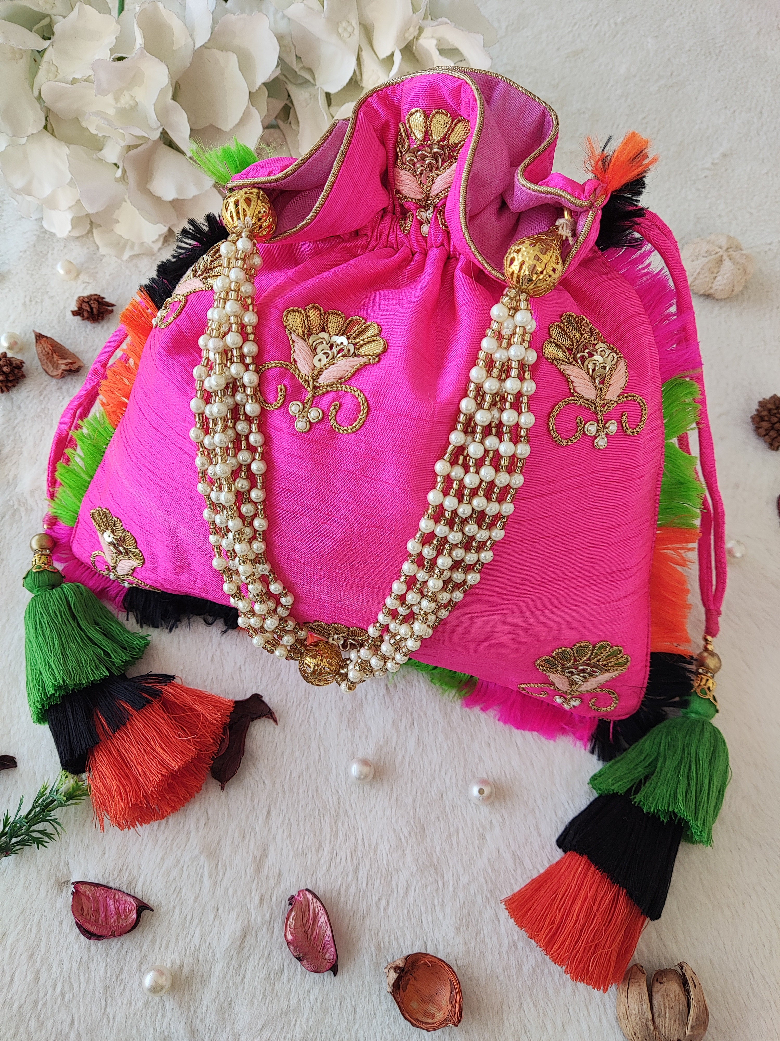 Hot Pink Gota Patti Potli Bag