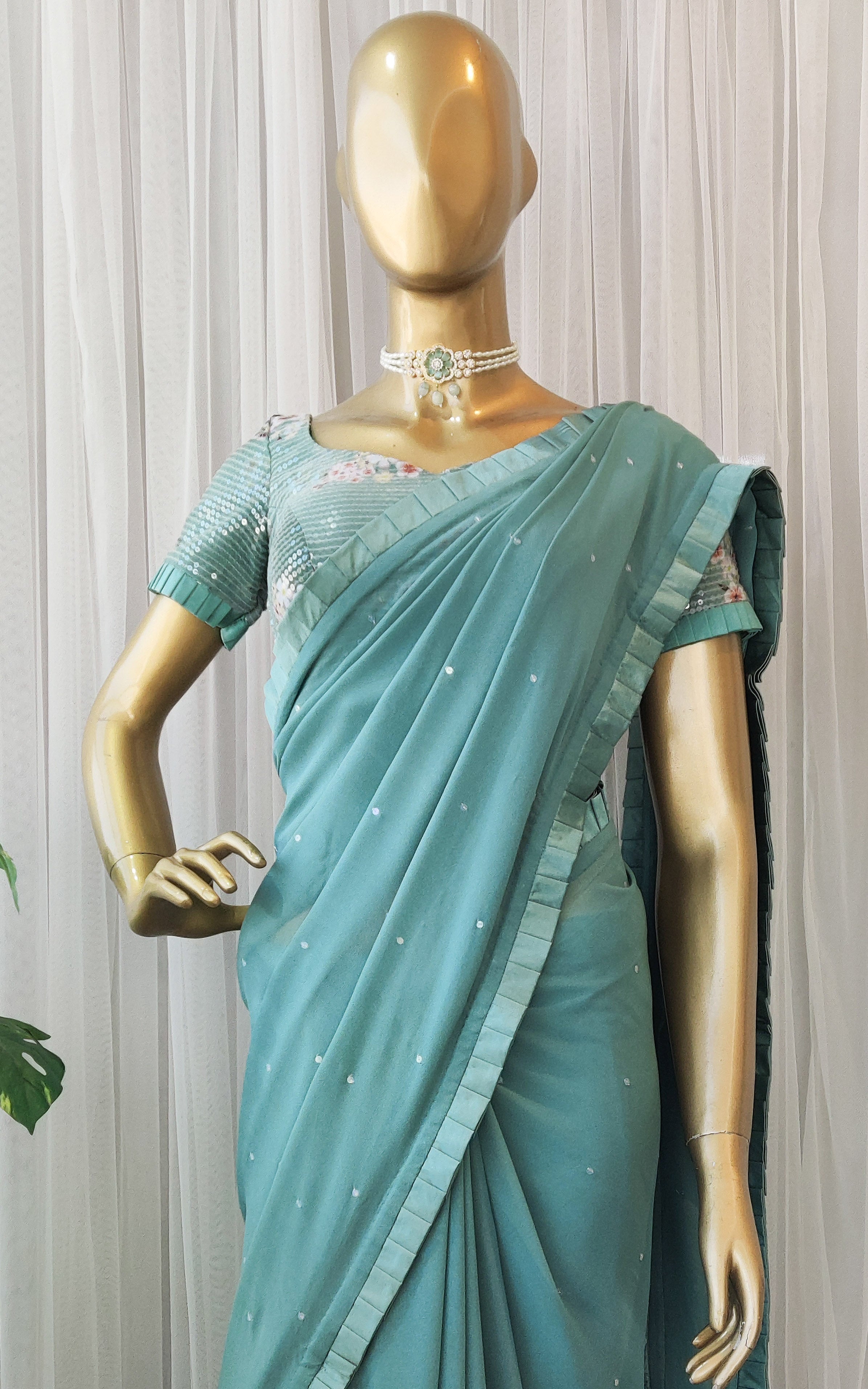 Sage Green Georgette Saree with Floral Sequinned Blouse