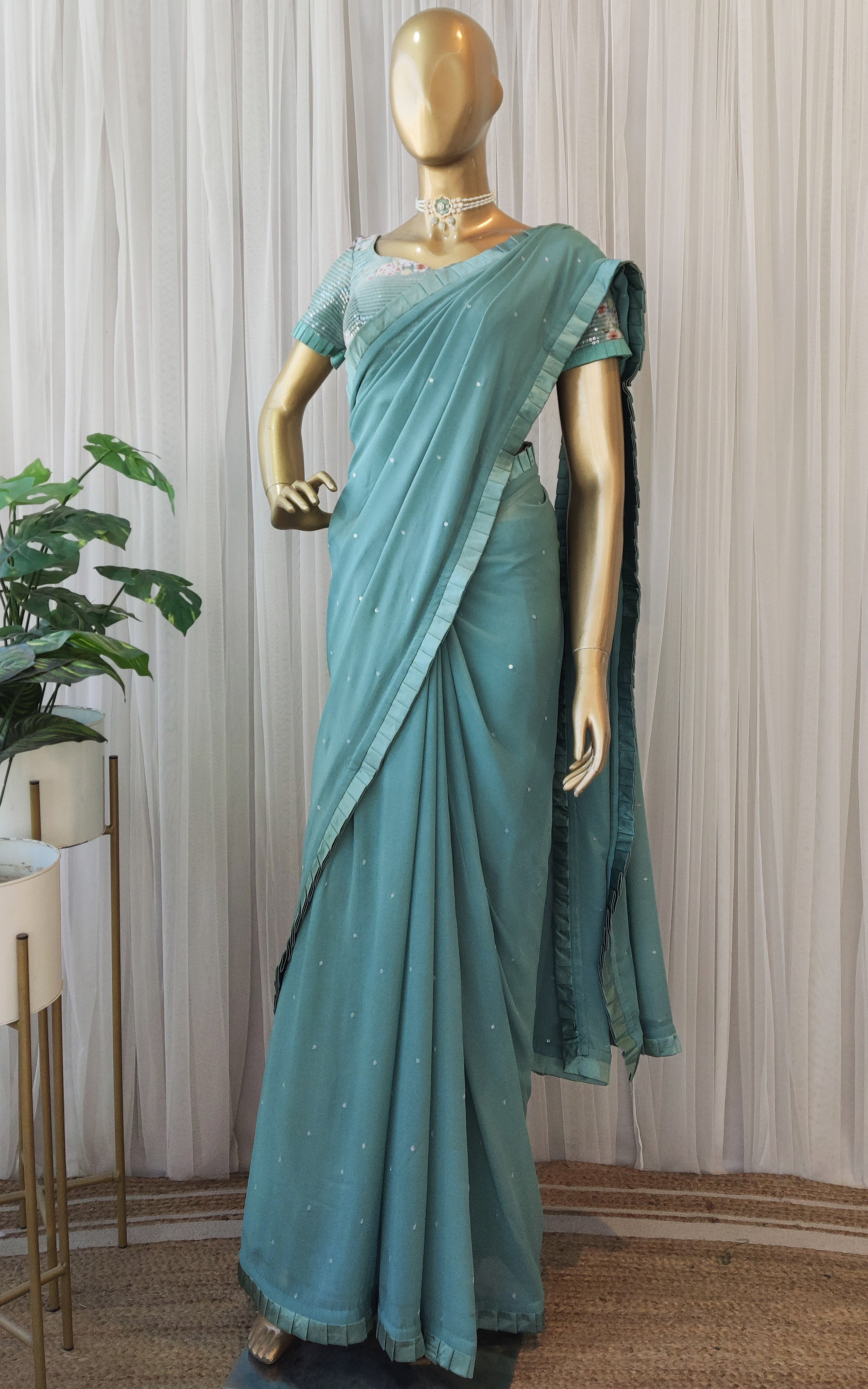 Sage Green Georgette Saree with Floral Sequinned Blouse