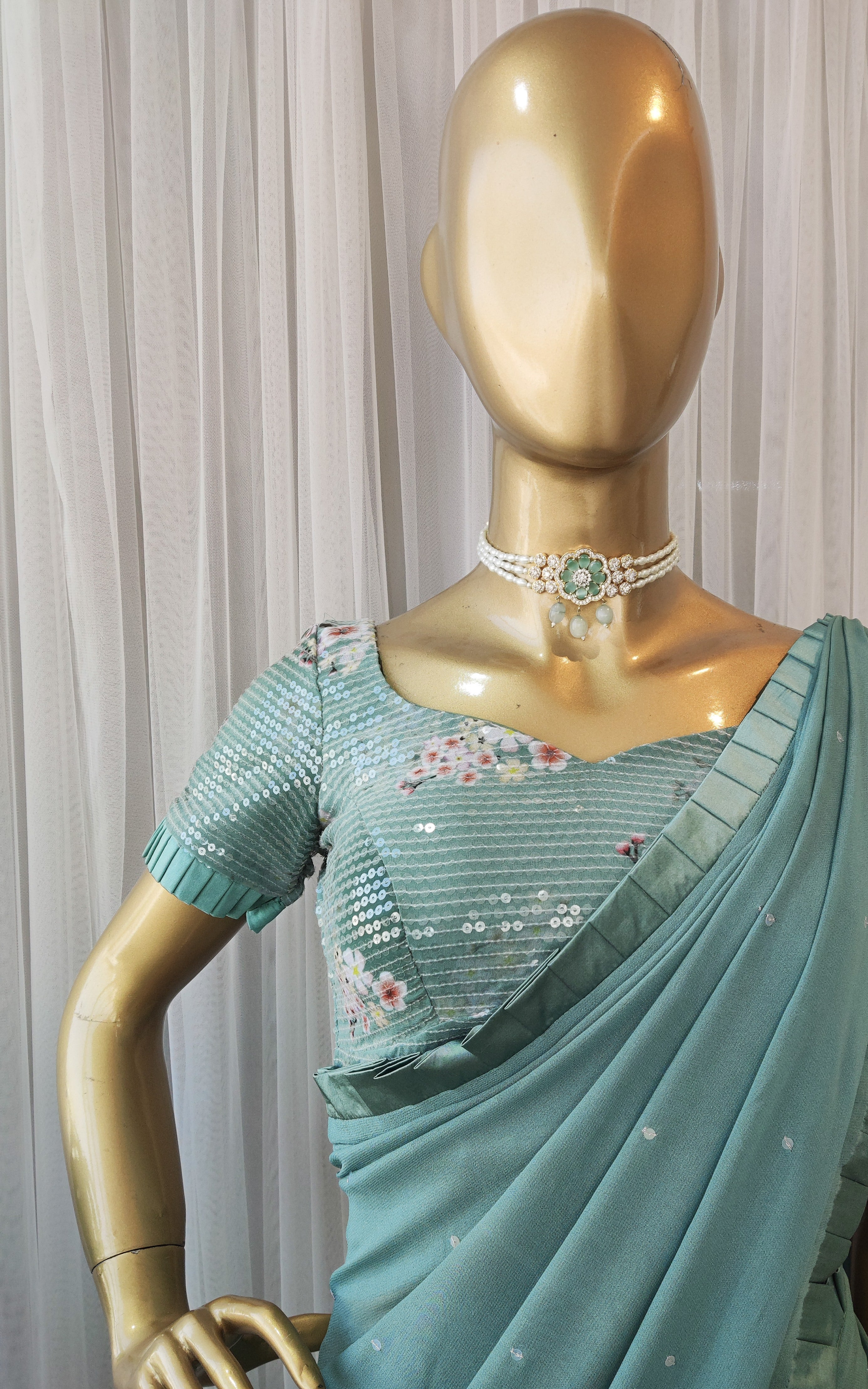 Sage Green Georgette Saree with Floral Sequinned Blouse