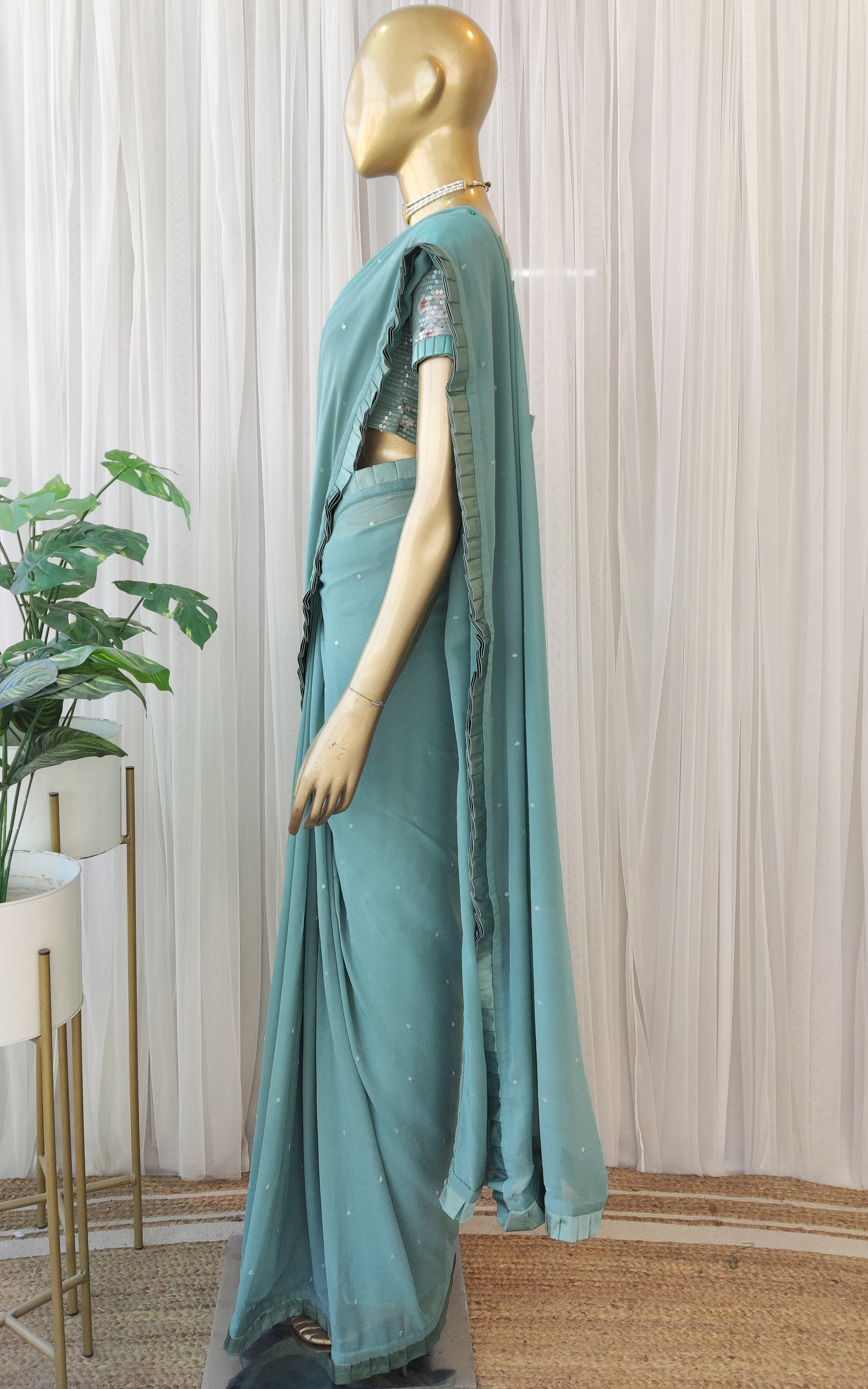 Sage Green Georgette Saree with Floral Sequinned Blouse