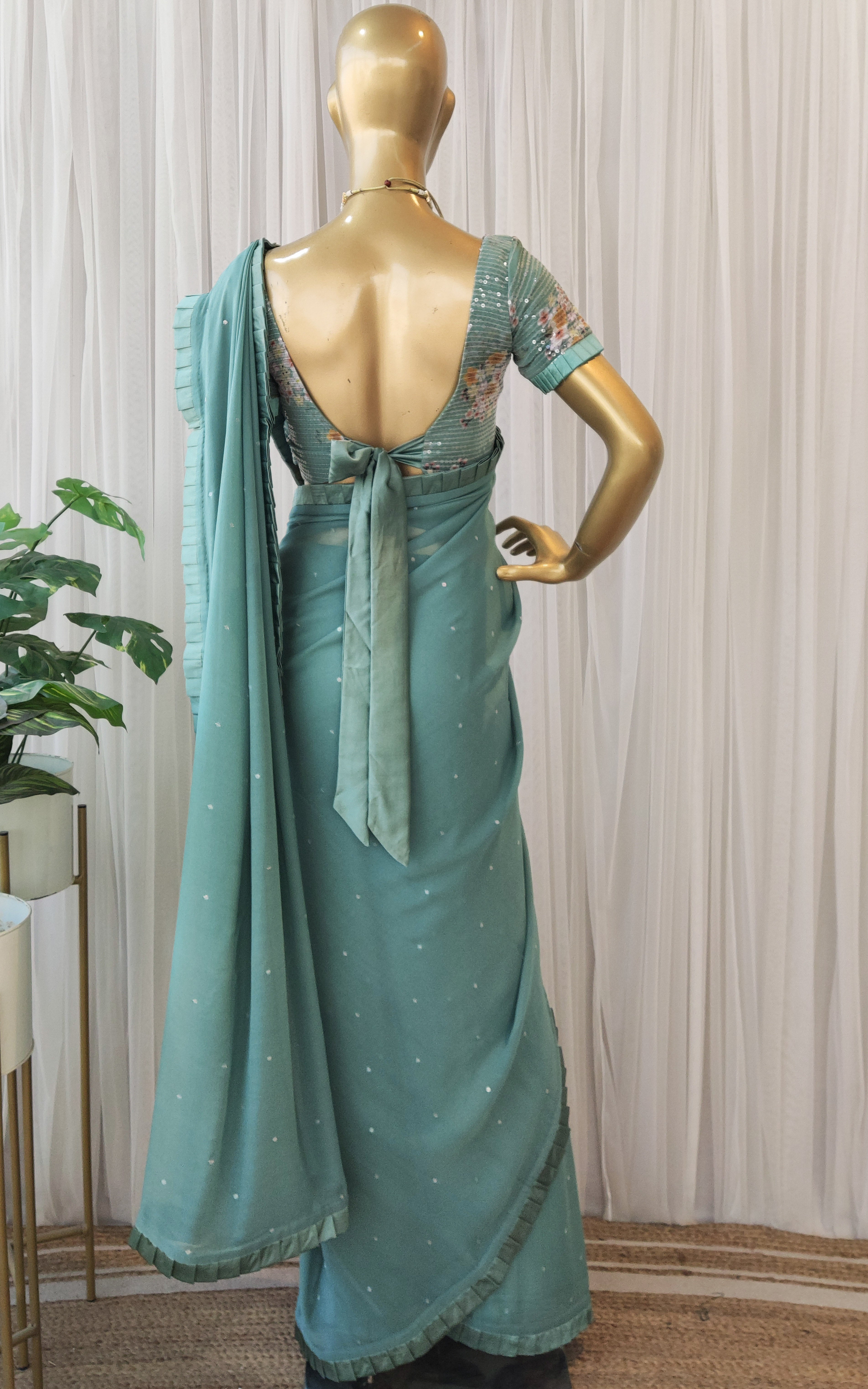 Sage Green Georgette Saree with Floral Sequinned Blouse