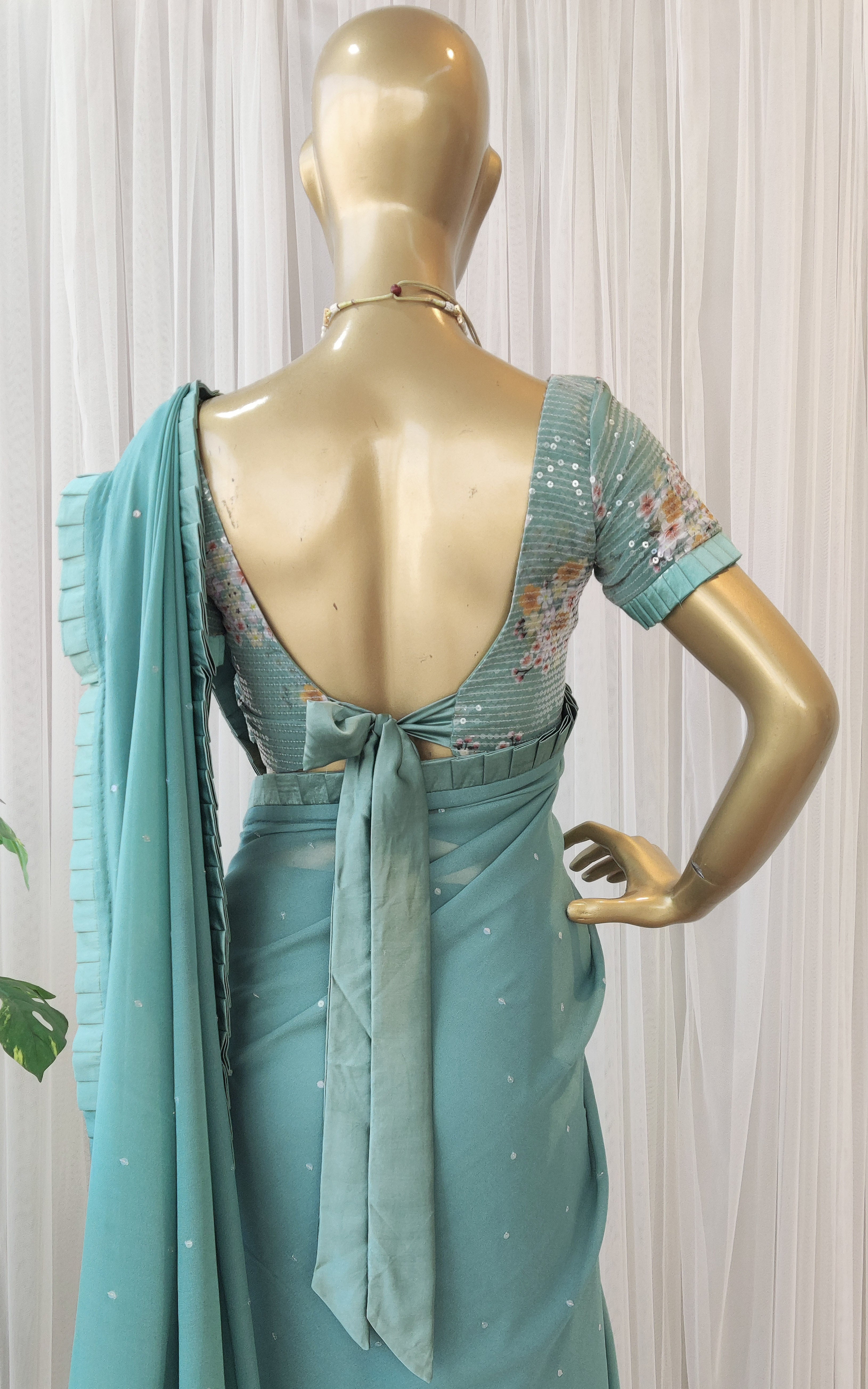 Sage Green Georgette Saree with Floral Sequinned Blouse