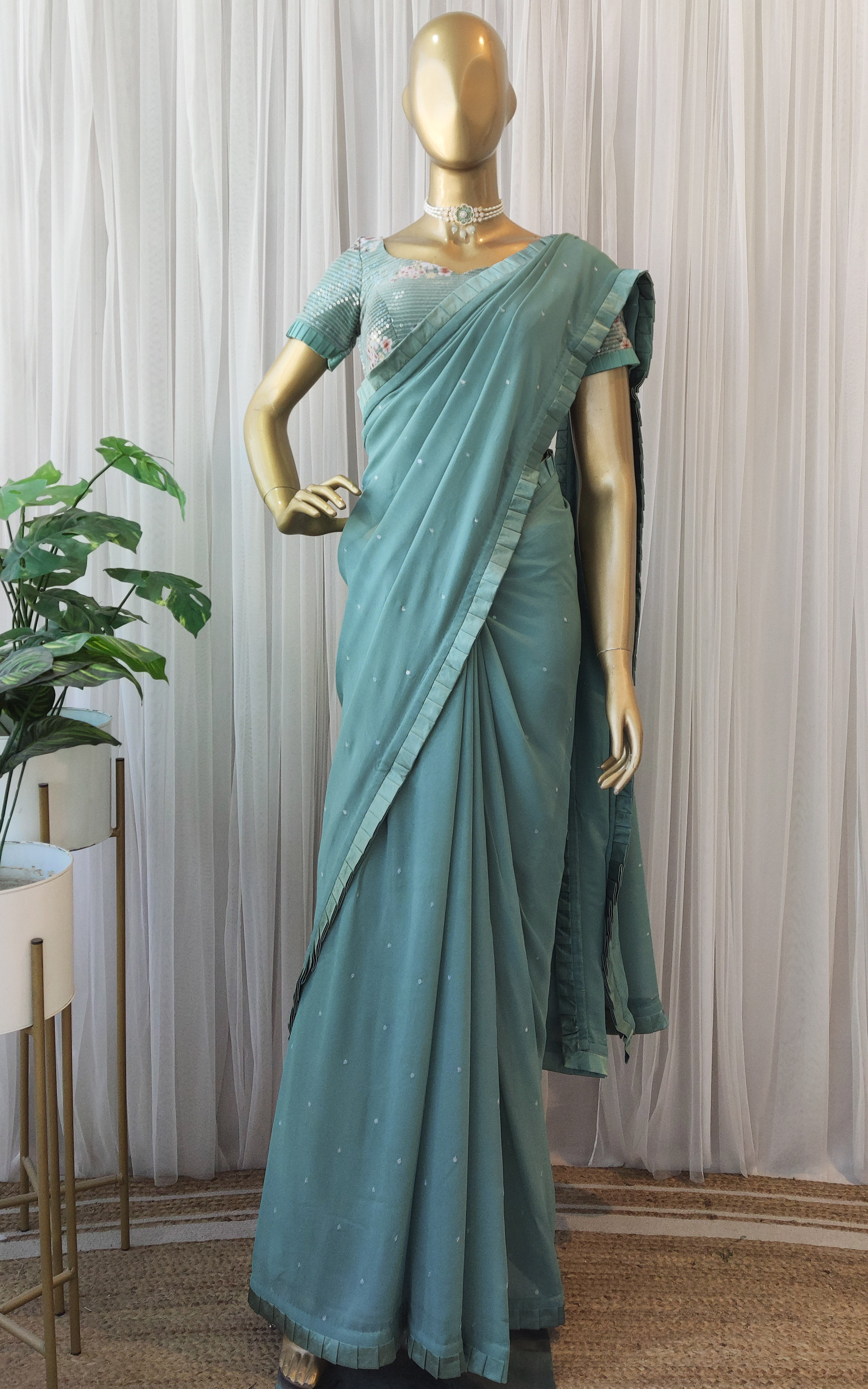 Sage Green Georgette Saree with Floral Sequinned Blouse