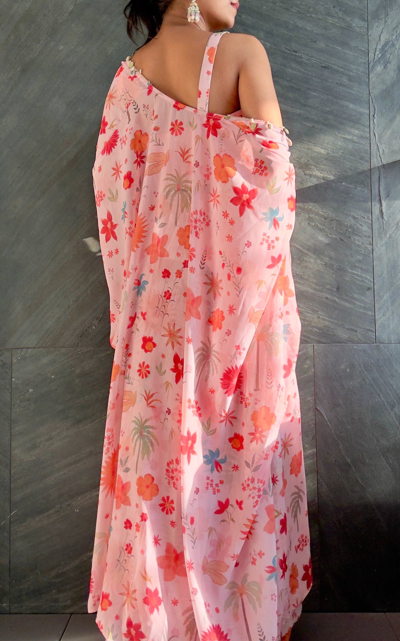 Pink Tropical Crop Top & Draped Skirt Co-Ord Set