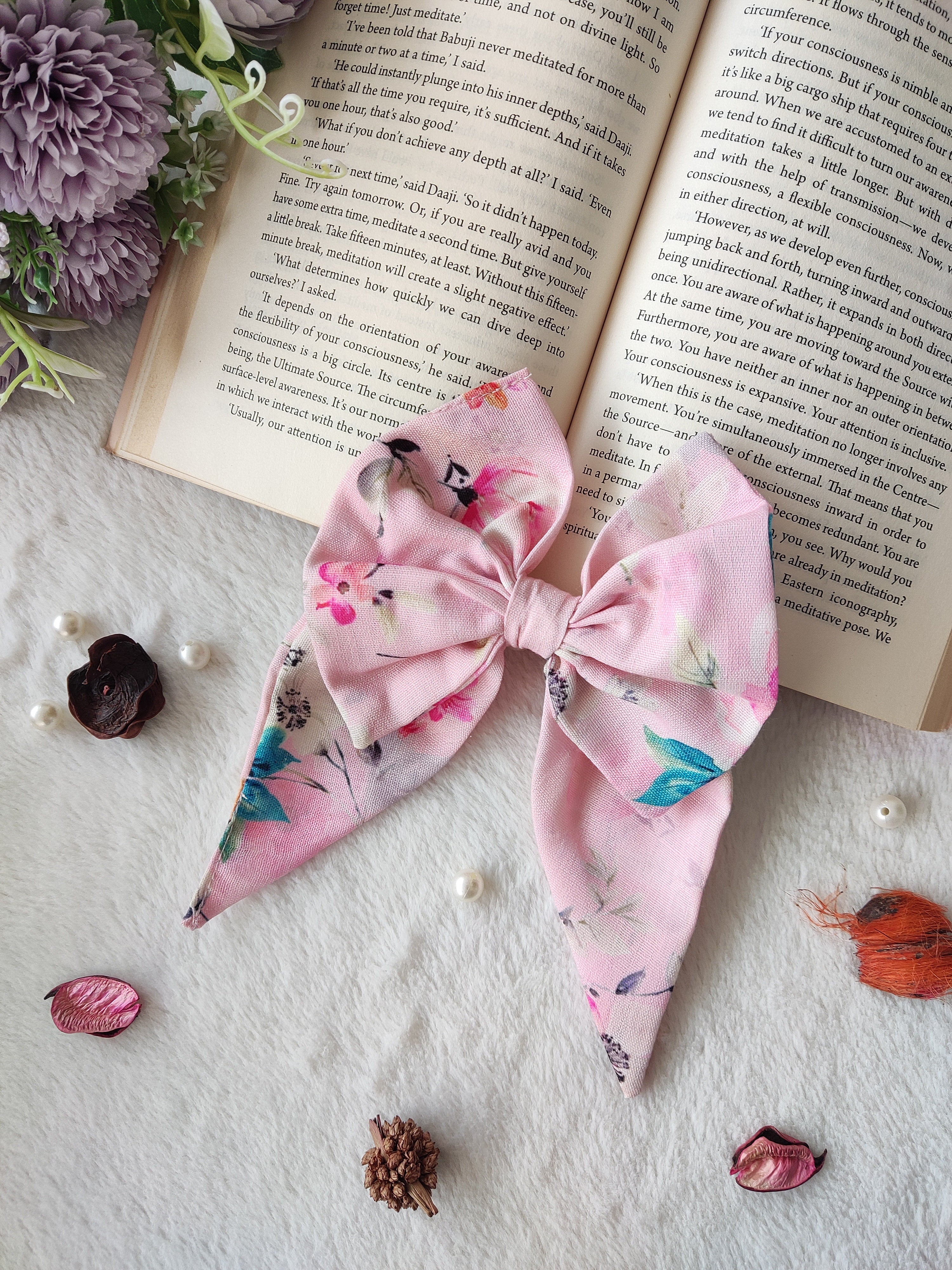 Pink Cotton Linen Printed Short Bow