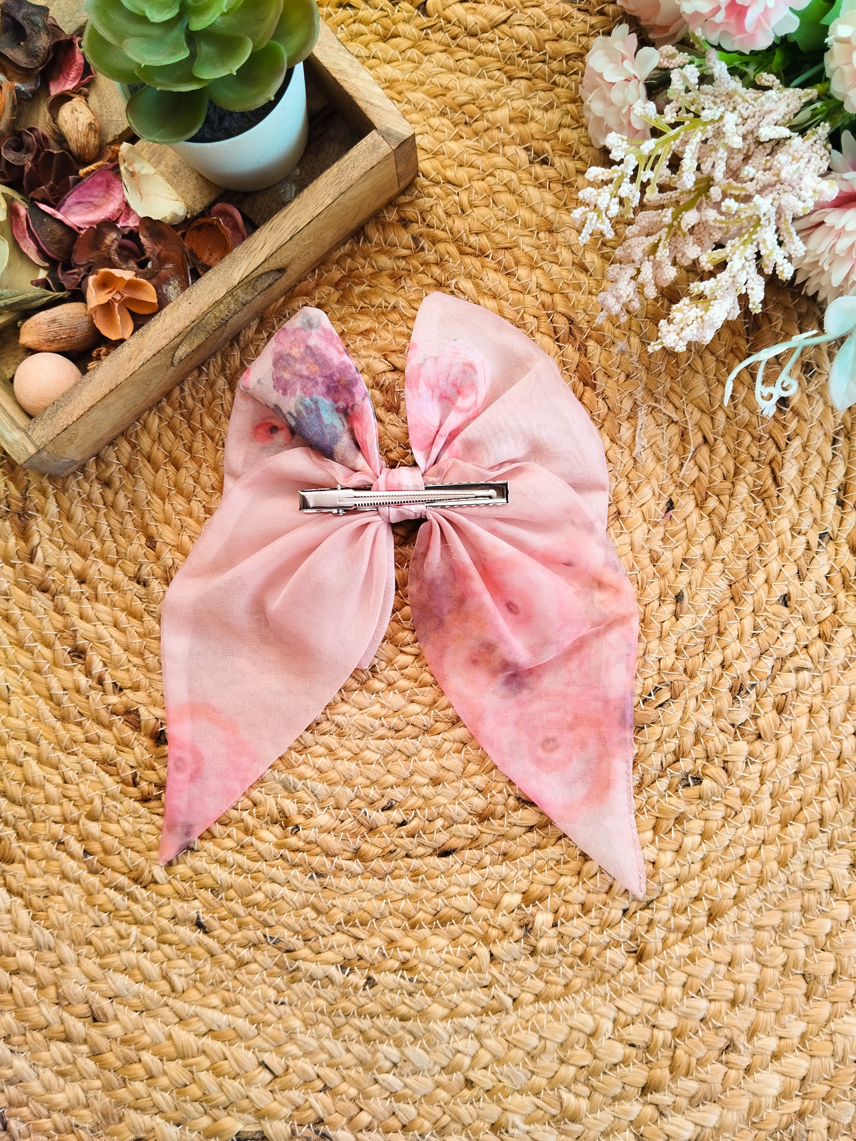 Dusty Pink Floral Organza Short Bow