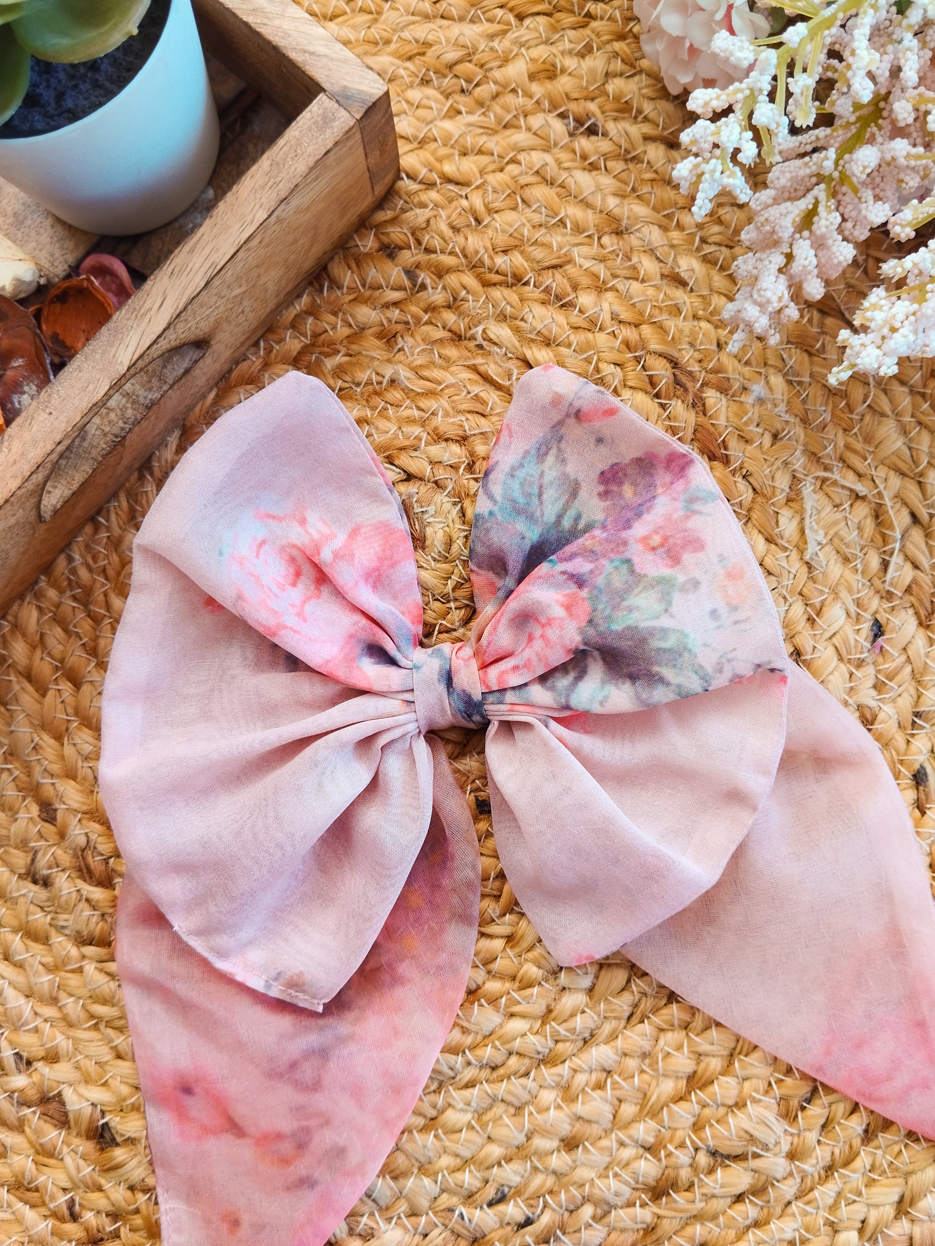 Dusty Pink Floral Organza Short Bow