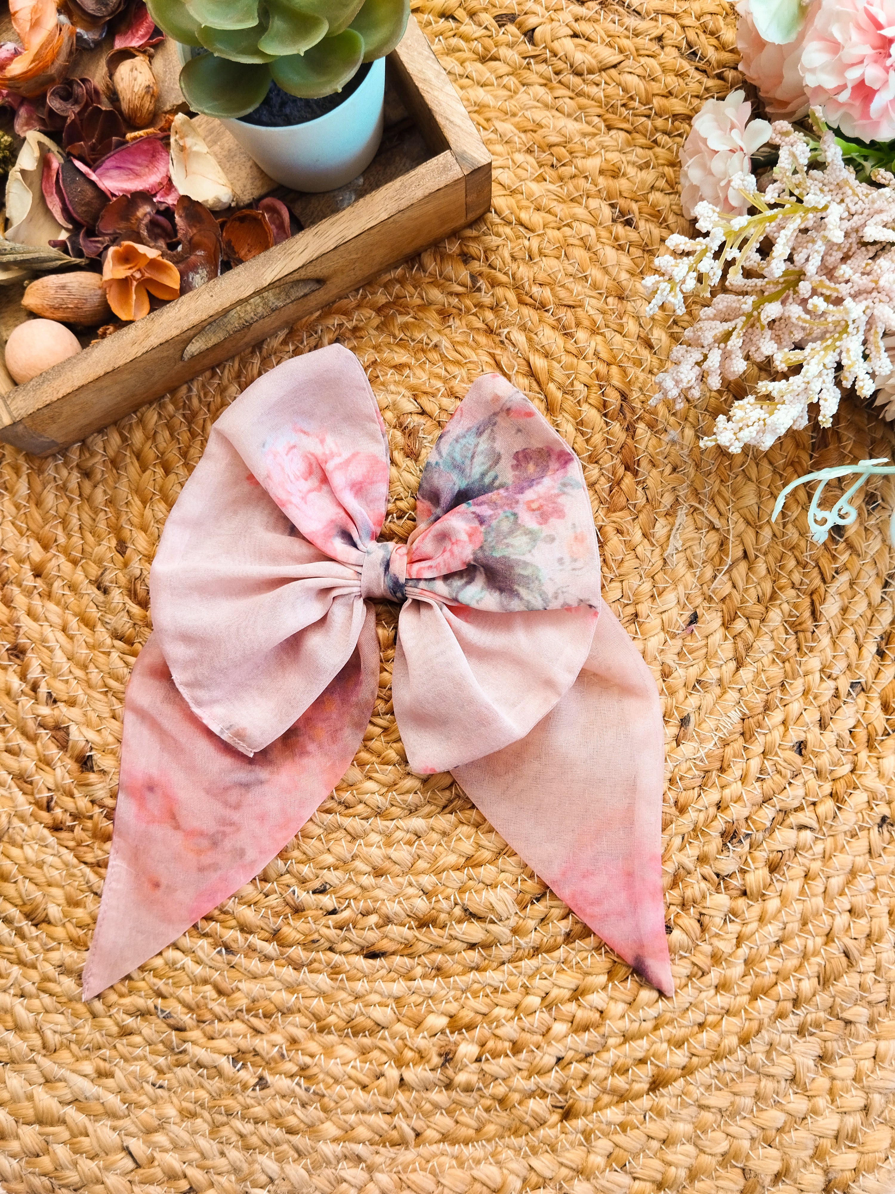 Dusty Pink Floral Organza Short Bow