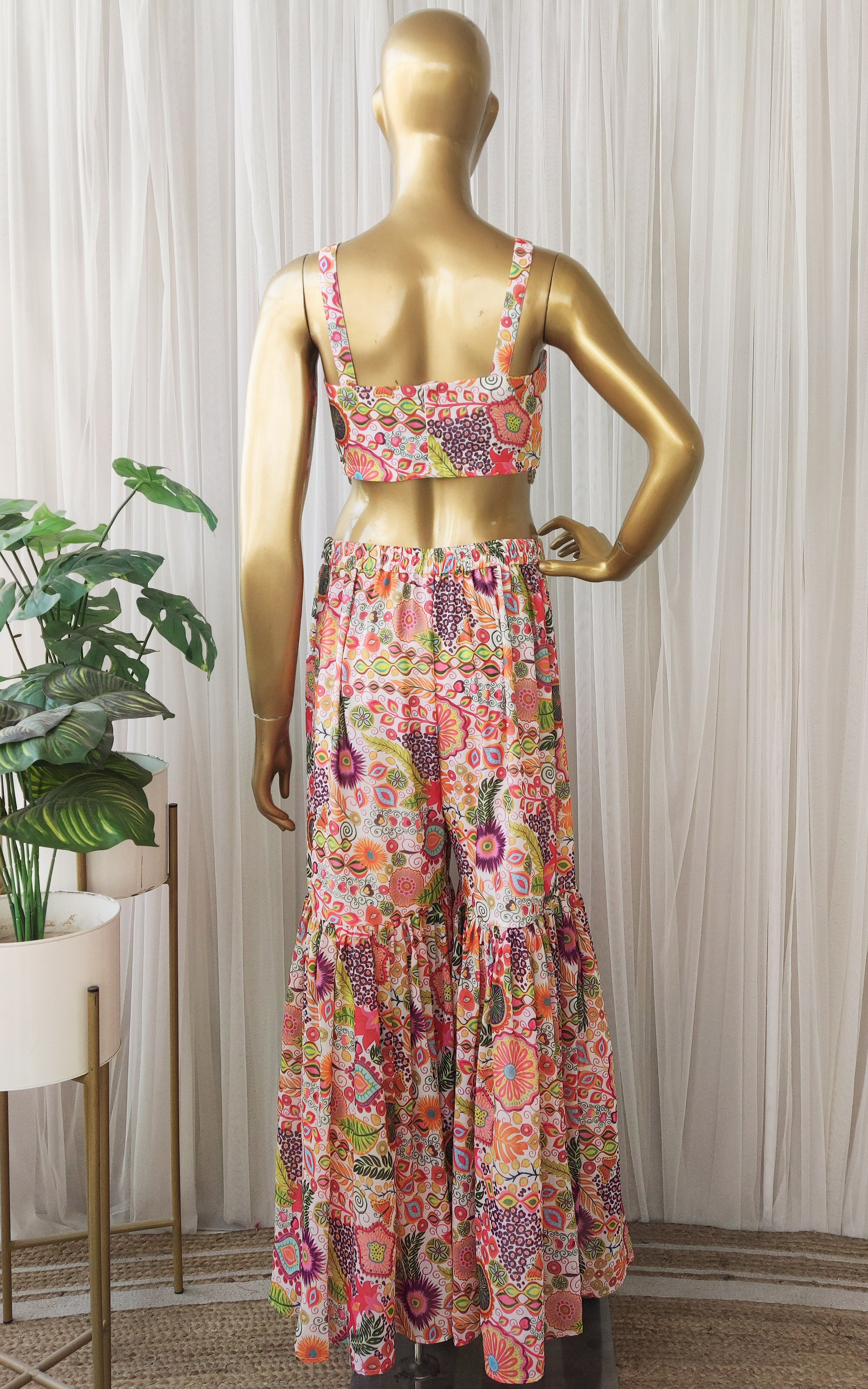 Off White Colorful Printed  Crop-Top & Sharara Set