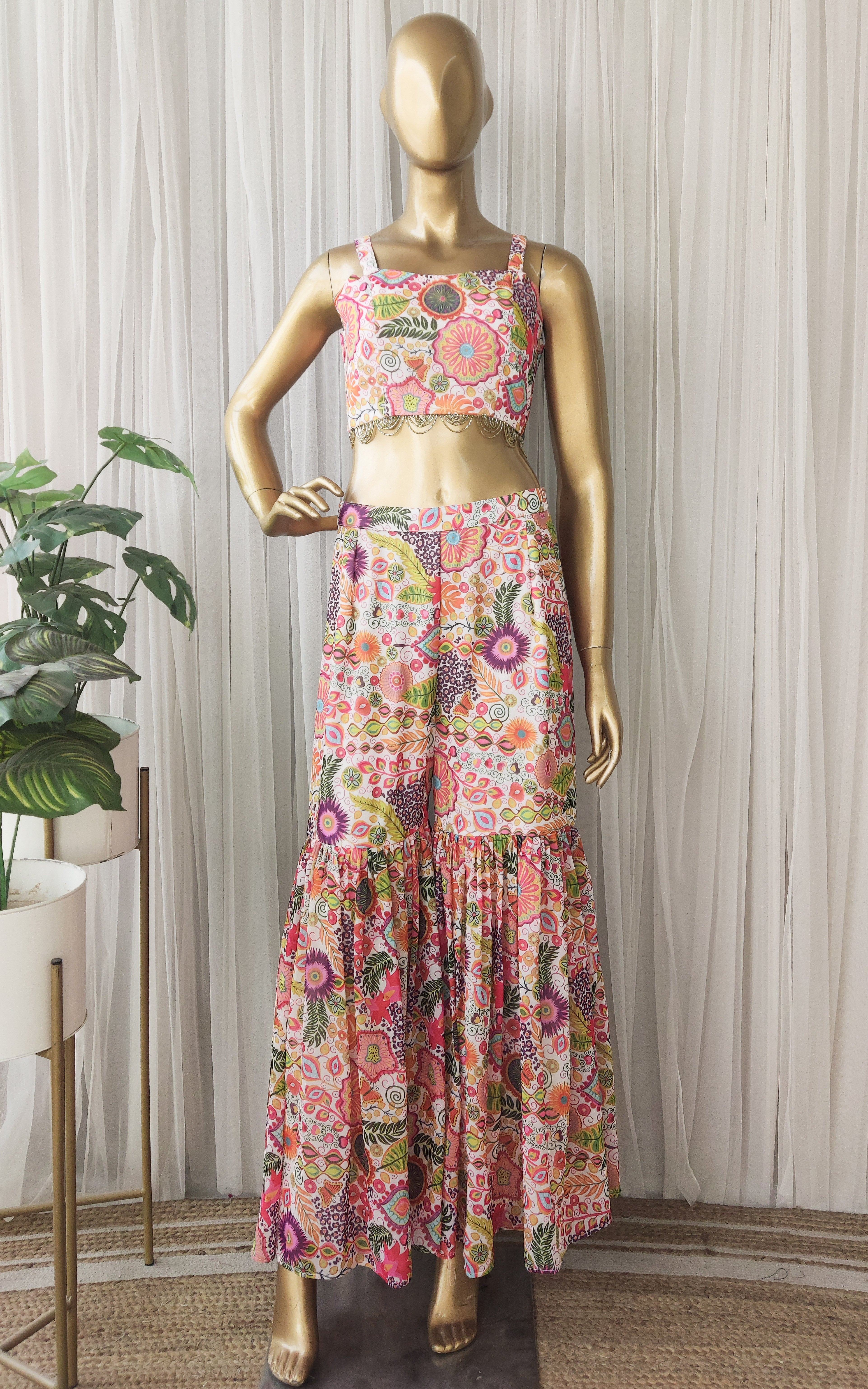 Off White Colorful Printed  Crop-Top & Sharara Set