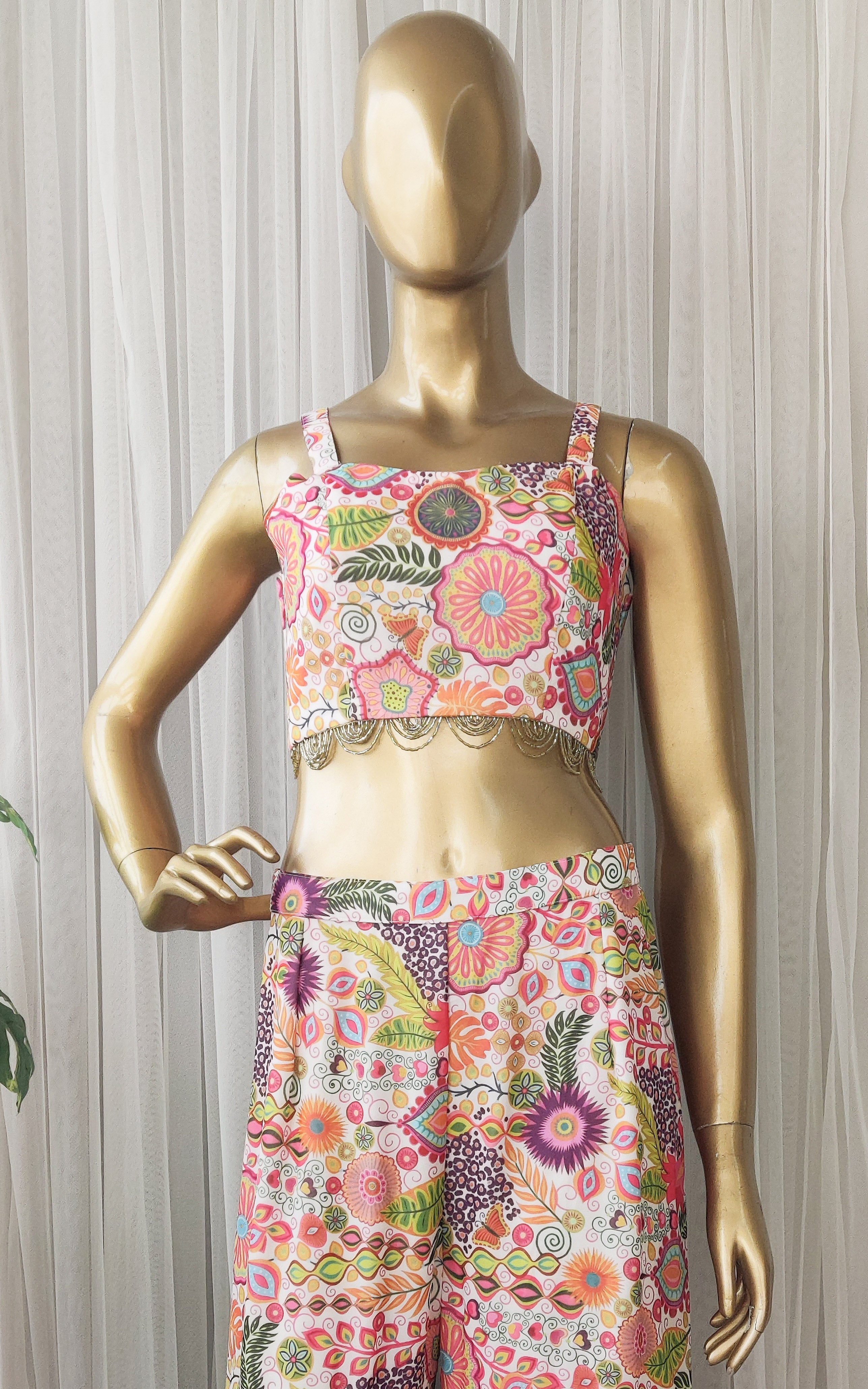 Off White Colorful Printed  Crop-Top & Sharara Set