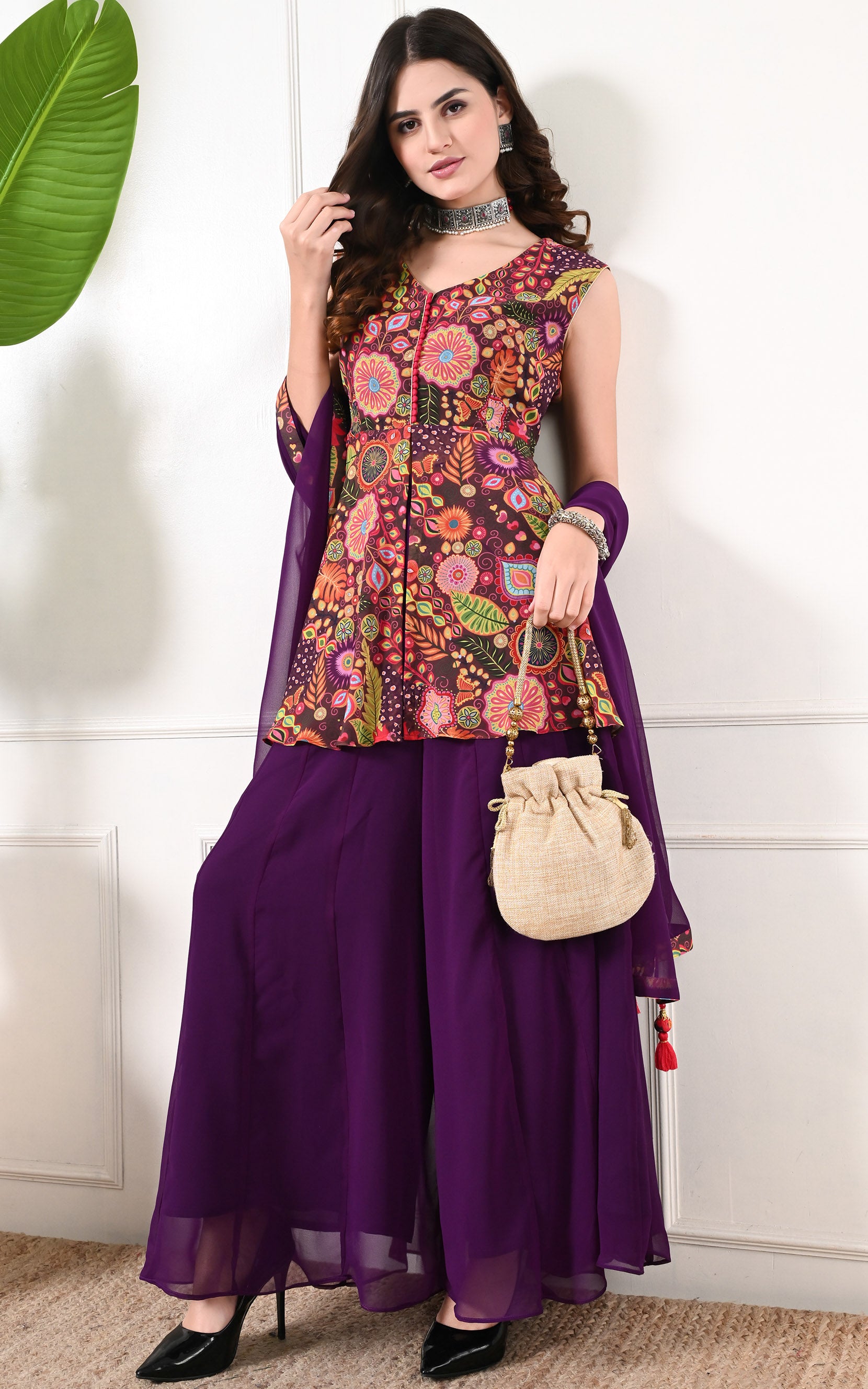 Purple Peplum Printed Sharara Set