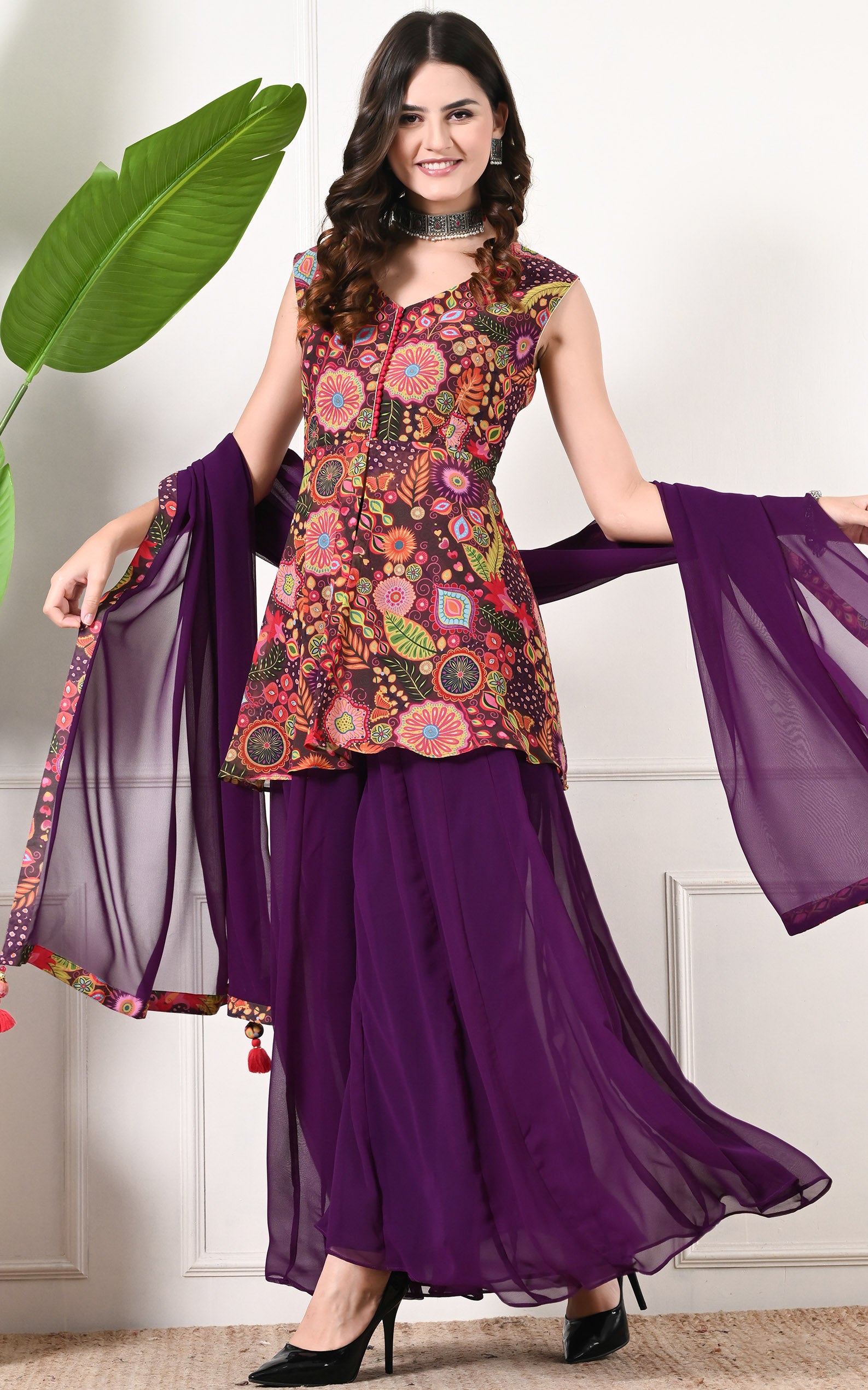 Purple Peplum Printed Sharara Set