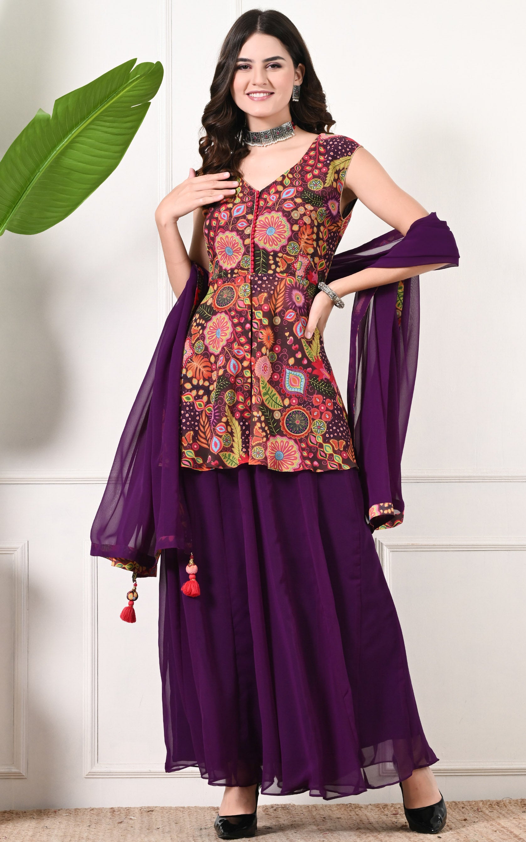 Purple Peplum Printed Sharara Set