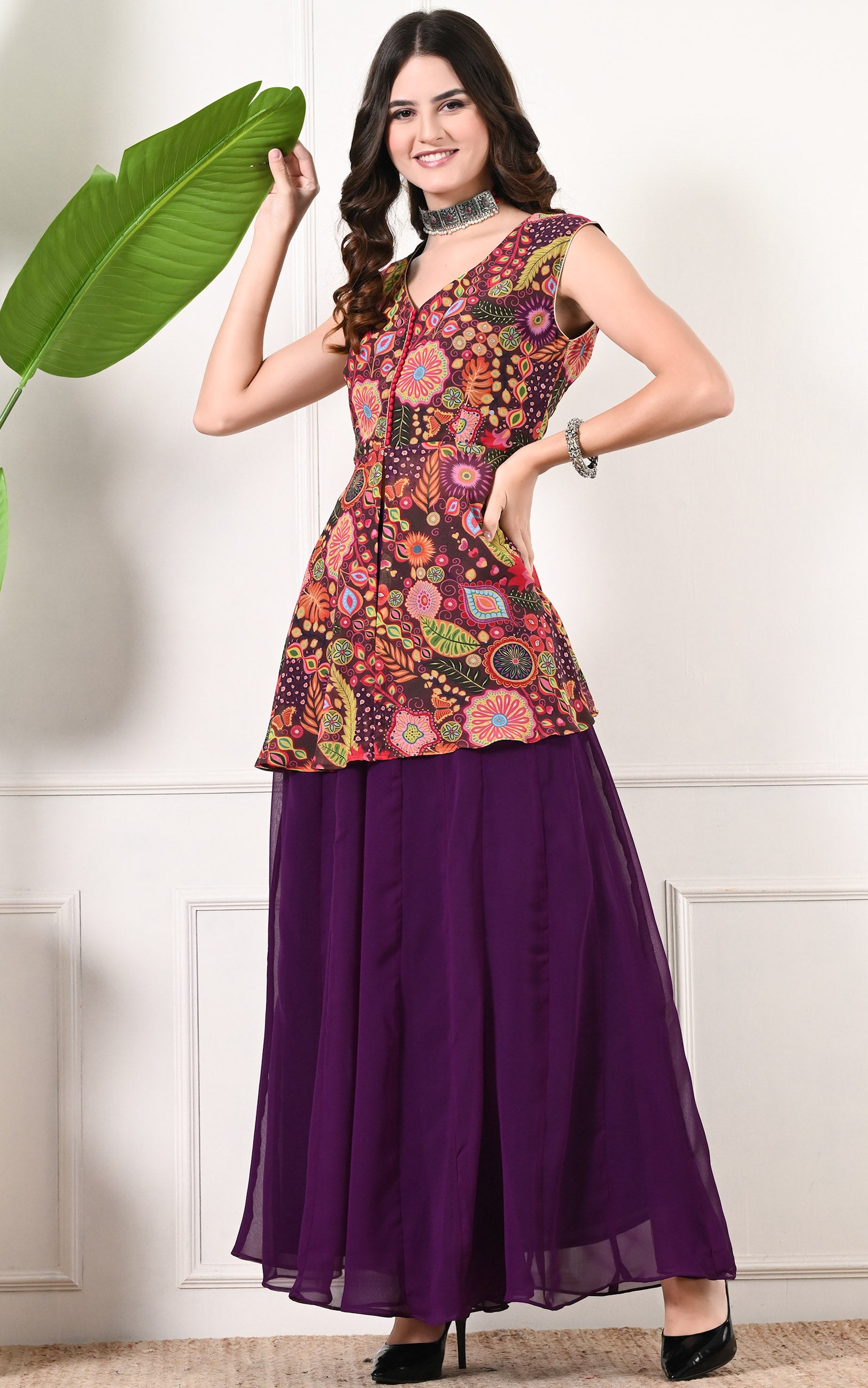 Purple Peplum Printed Sharara Set