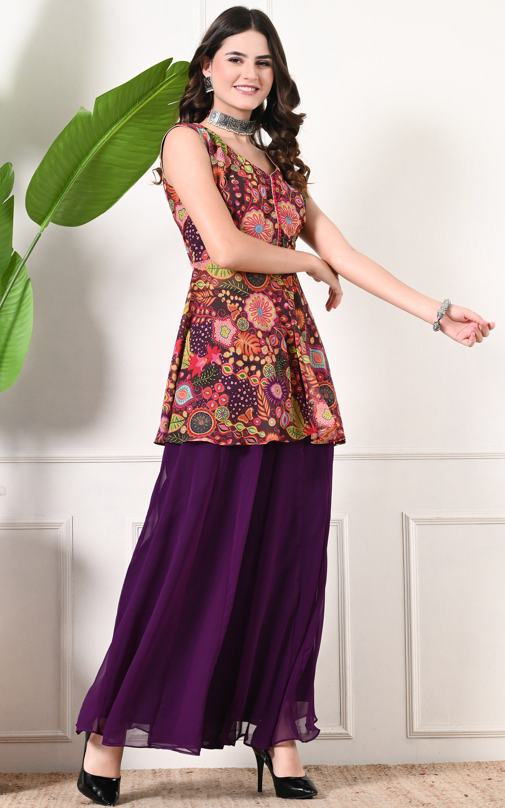 Purple Peplum Printed Sharara Set