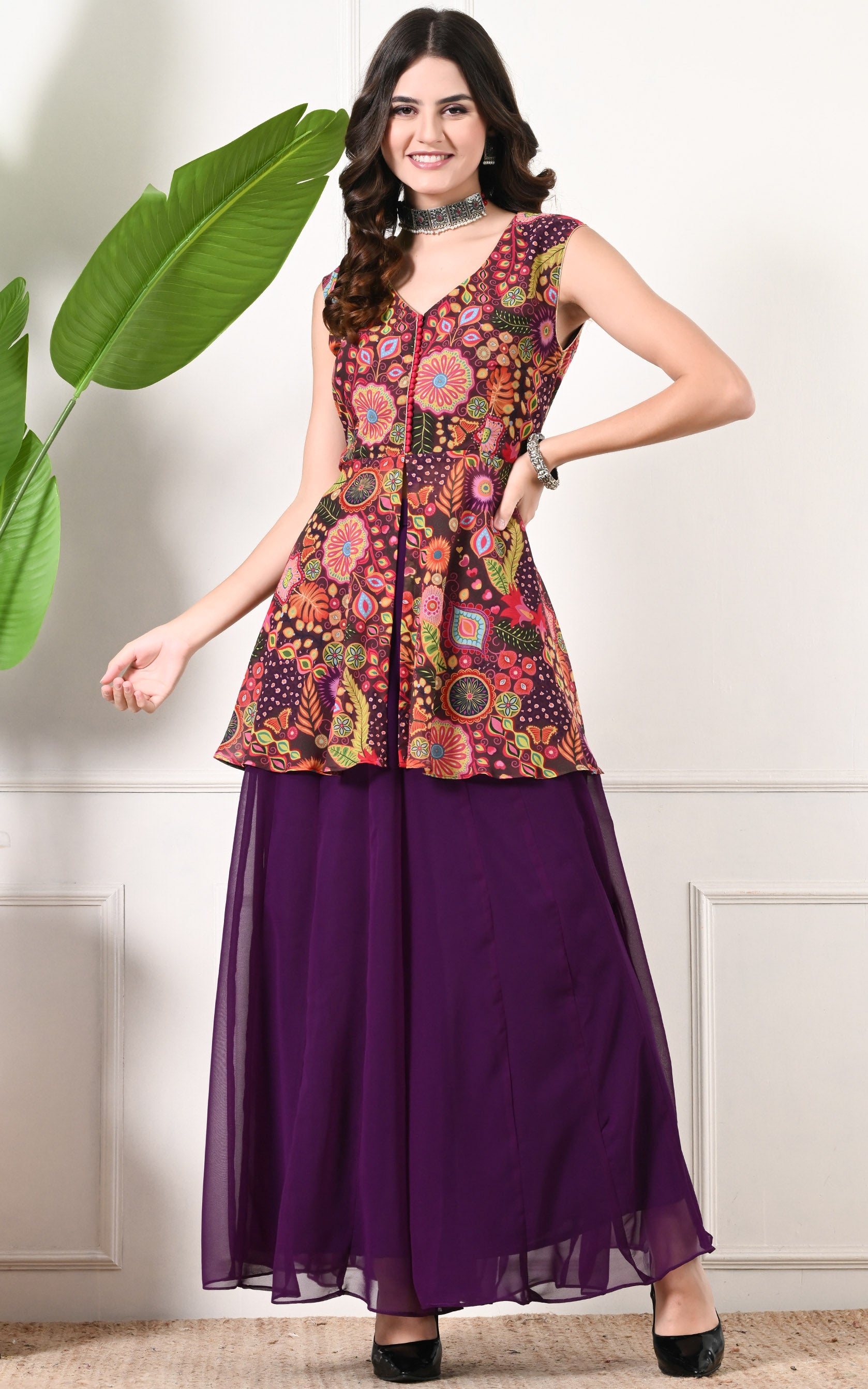 Purple Peplum Printed Sharara Set